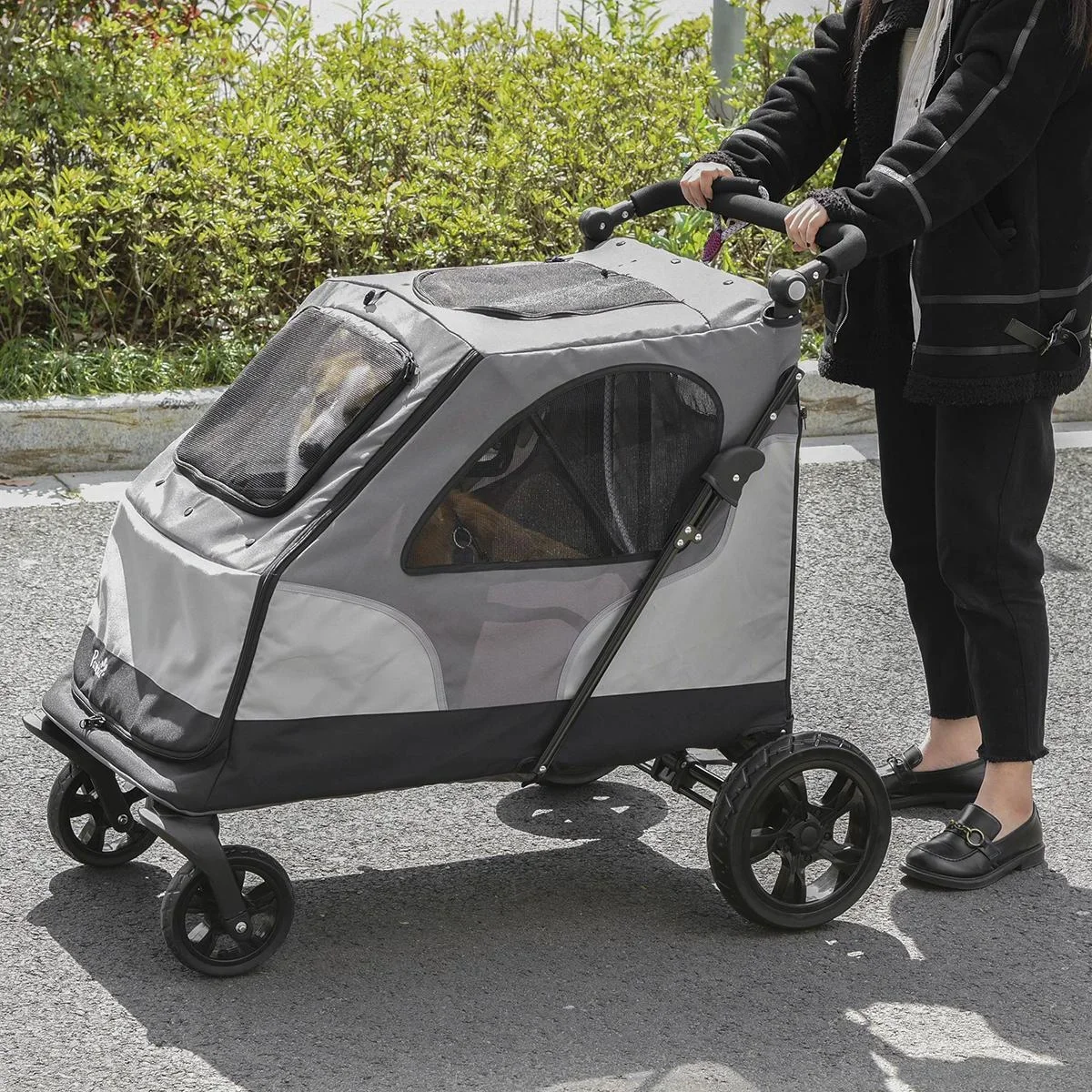 Hundebuggy Hundewagen mit 4 Räder Haustierbuggy für mittelgroße Hunde faltbar Oxford Grau 104,5 x 68,5 x 110 cm - 2