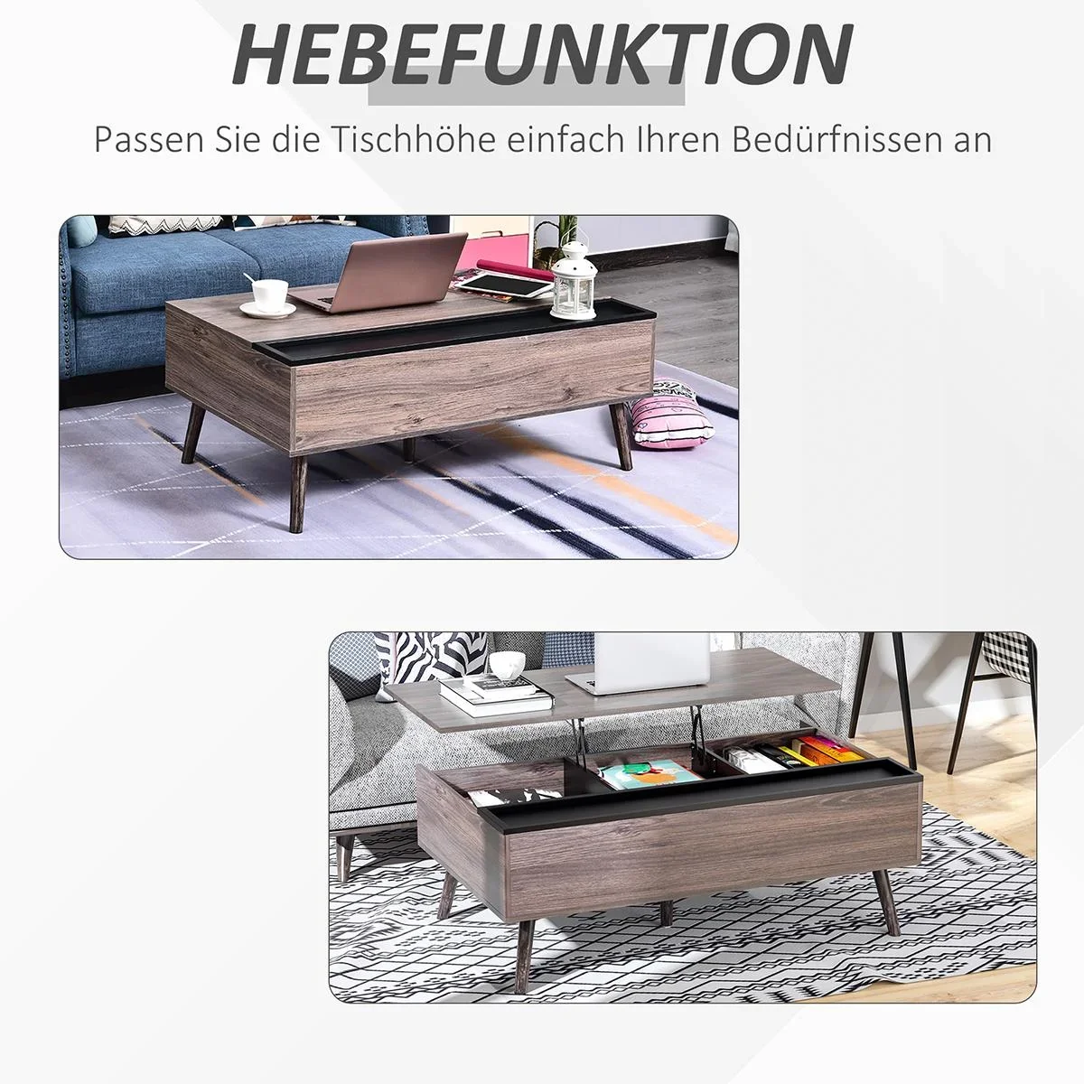 Couchtisch Wohnzimmertisch Kaffeetisch mit Höhenverstellbarer Platte Sofatisch Spanplatte Grau 110 x 66 x 43-56 cm - 0