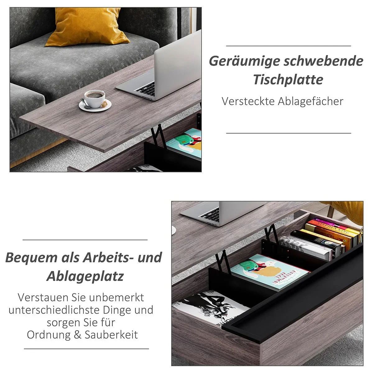Couchtisch Wohnzimmertisch Kaffeetisch mit Höhenverstellbarer Platte Sofatisch Spanplatte Grau 110 x 66 x 43-56 cm - 1
