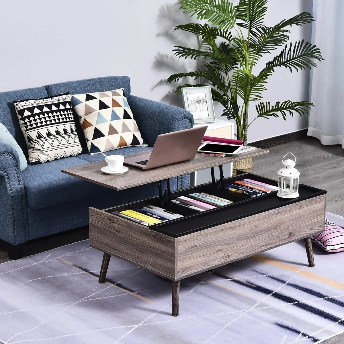 Couchtisch Wohnzimmertisch Kaffeetisch mit Höhenverstellbarer Platte Sofatisch Spanplatte Grau 110 x 66 x 43-56 cm - 2