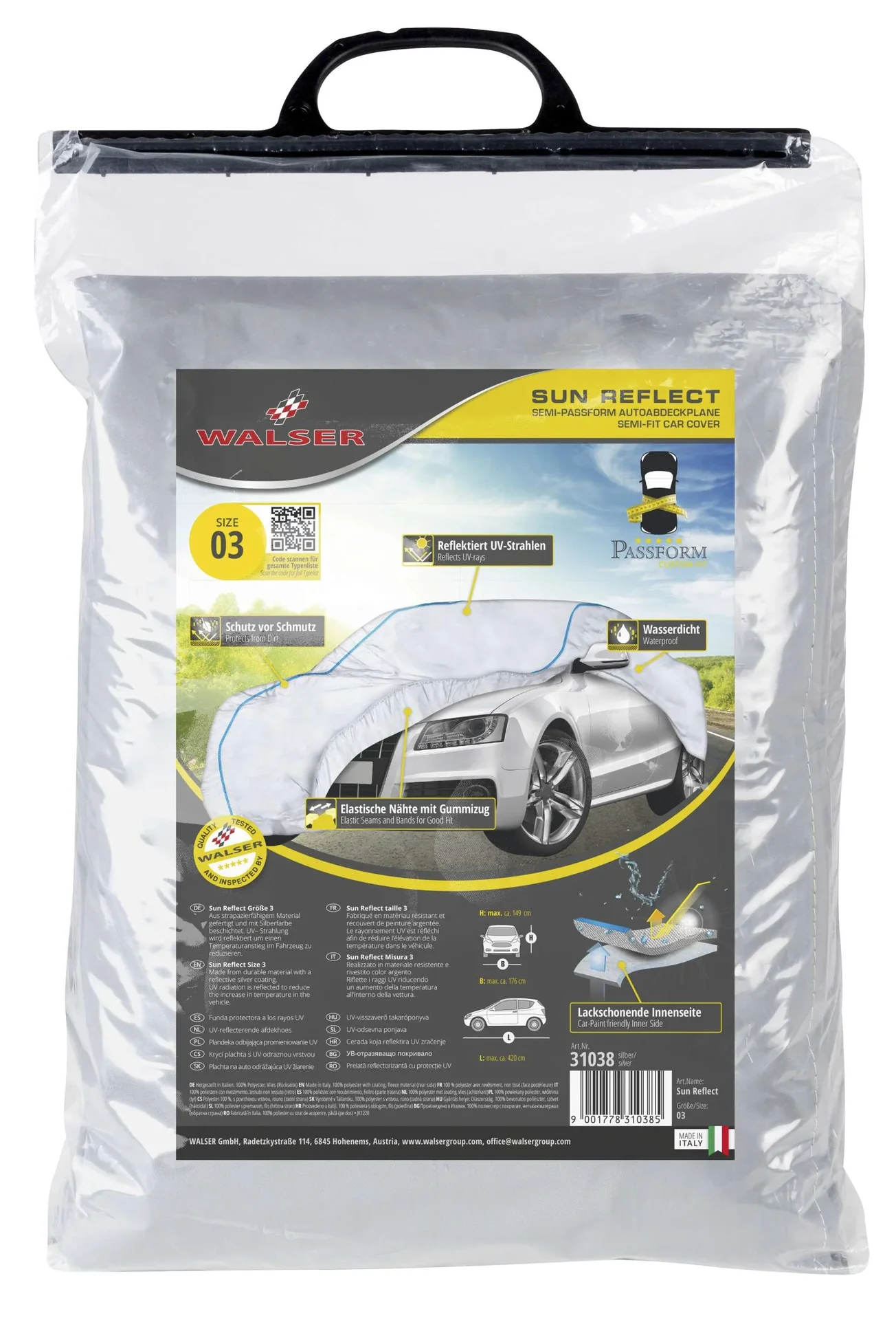 Autoabdeckplane Sun Reflect - Größe 3 - 420x176x149cm - 112g/m² - PES beschichtet - 2