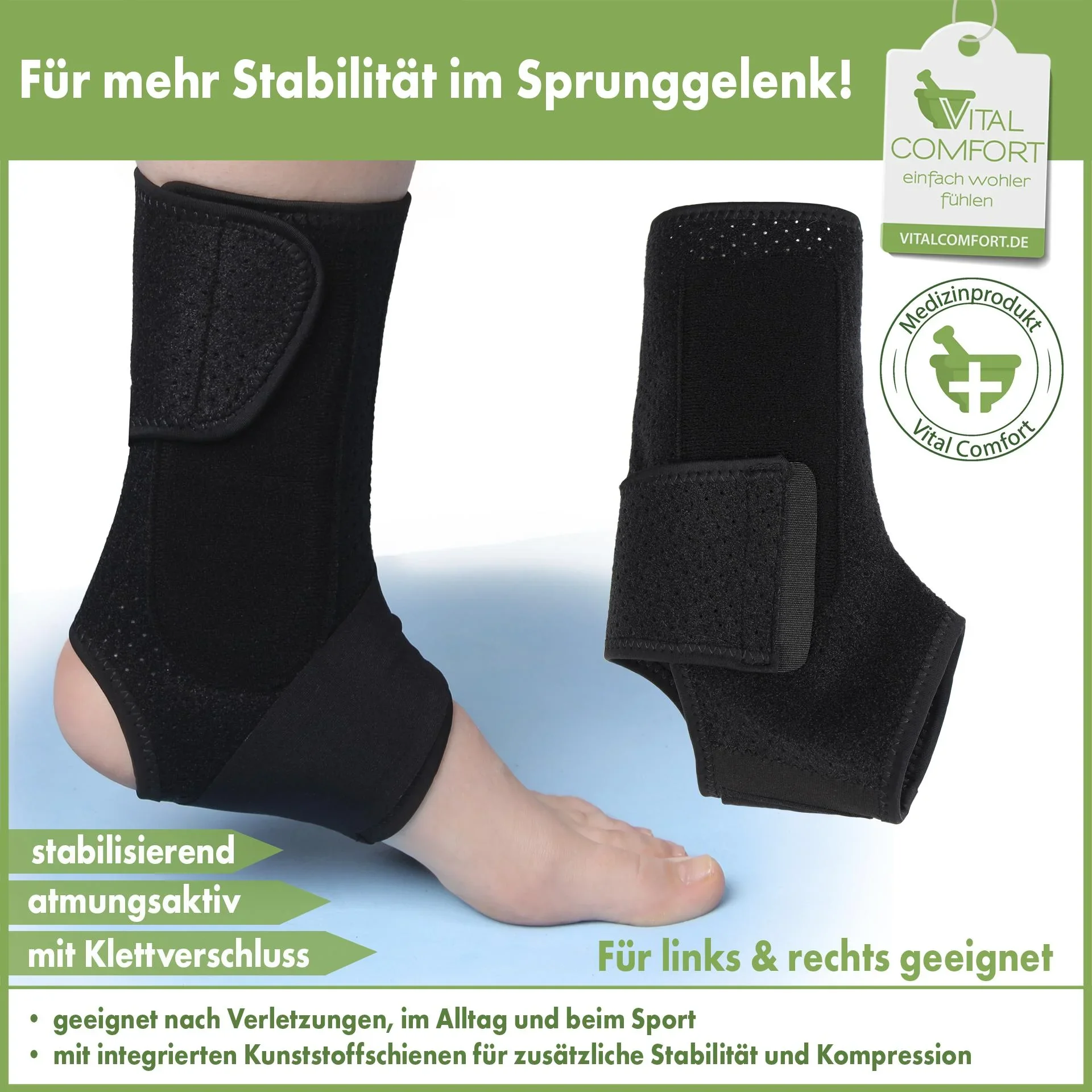 Aktiv-Knöchelbandage mit Klettverschluss, Universalgröße „Flexitek“. Schwarz - 1