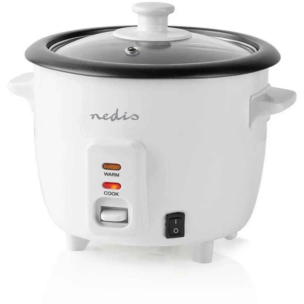 Nedis Reiskocher Abnehmbare Pfanne 0,6L Dämpfkorb Glasdeckel Inkl. Messbecher und Schöpfkelle 300W Weiß - 1