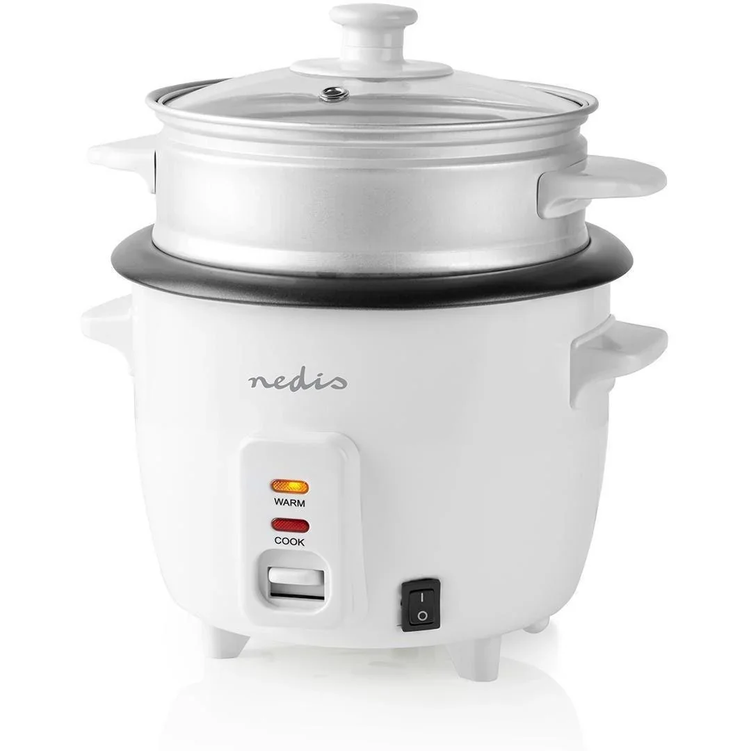 Nedis Reiskocher Abnehmbare Pfanne 0,6L Dämpfkorb Glasdeckel Inkl. Messbecher und Schöpfkelle 300W Weiß - 2