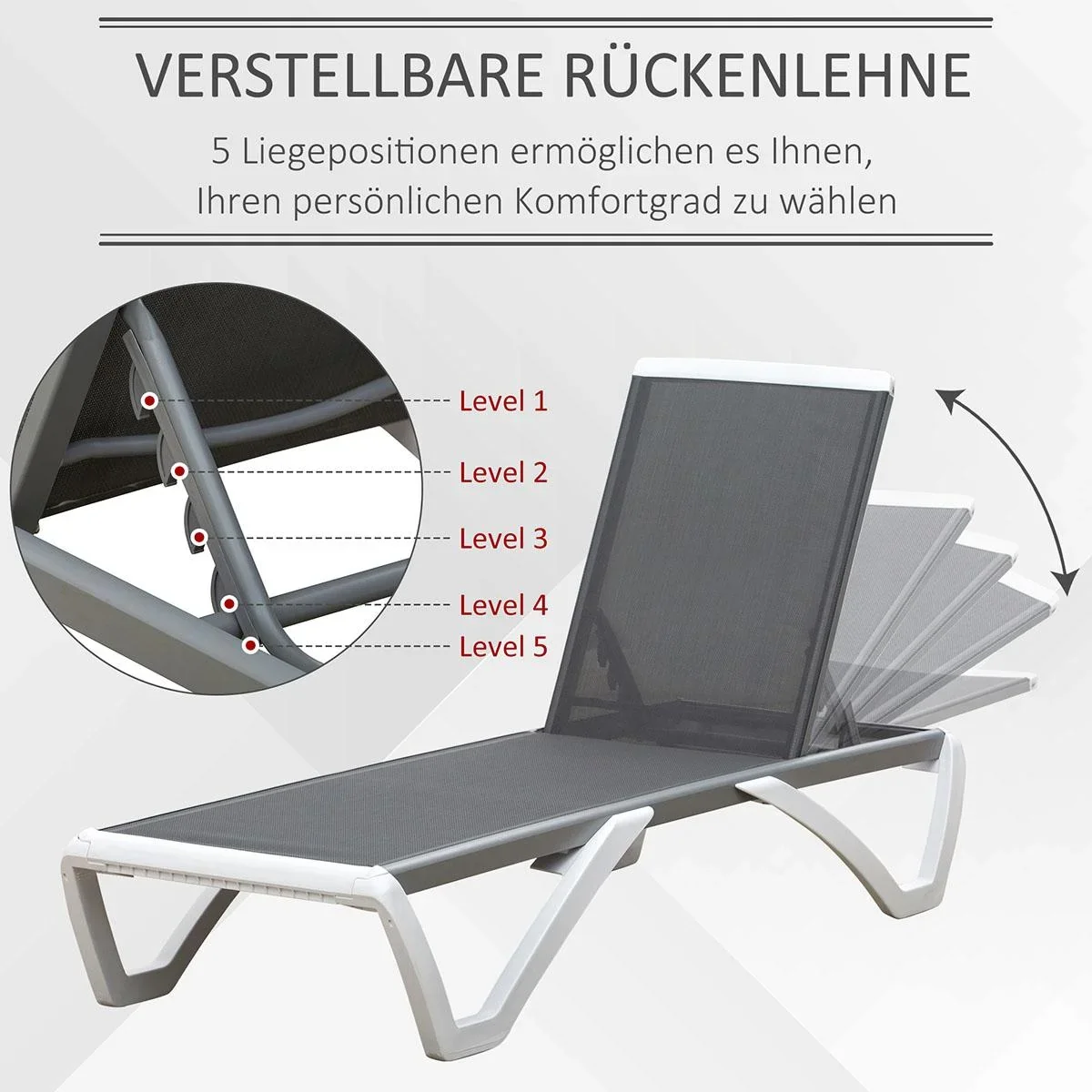 Gartenliege Alu Sonnenliege Stoffliege Relaxliege 5-fach verstellbar ergonomisch Texteline Grau+Weiß 170 x 67,5 x 95 cm - 1