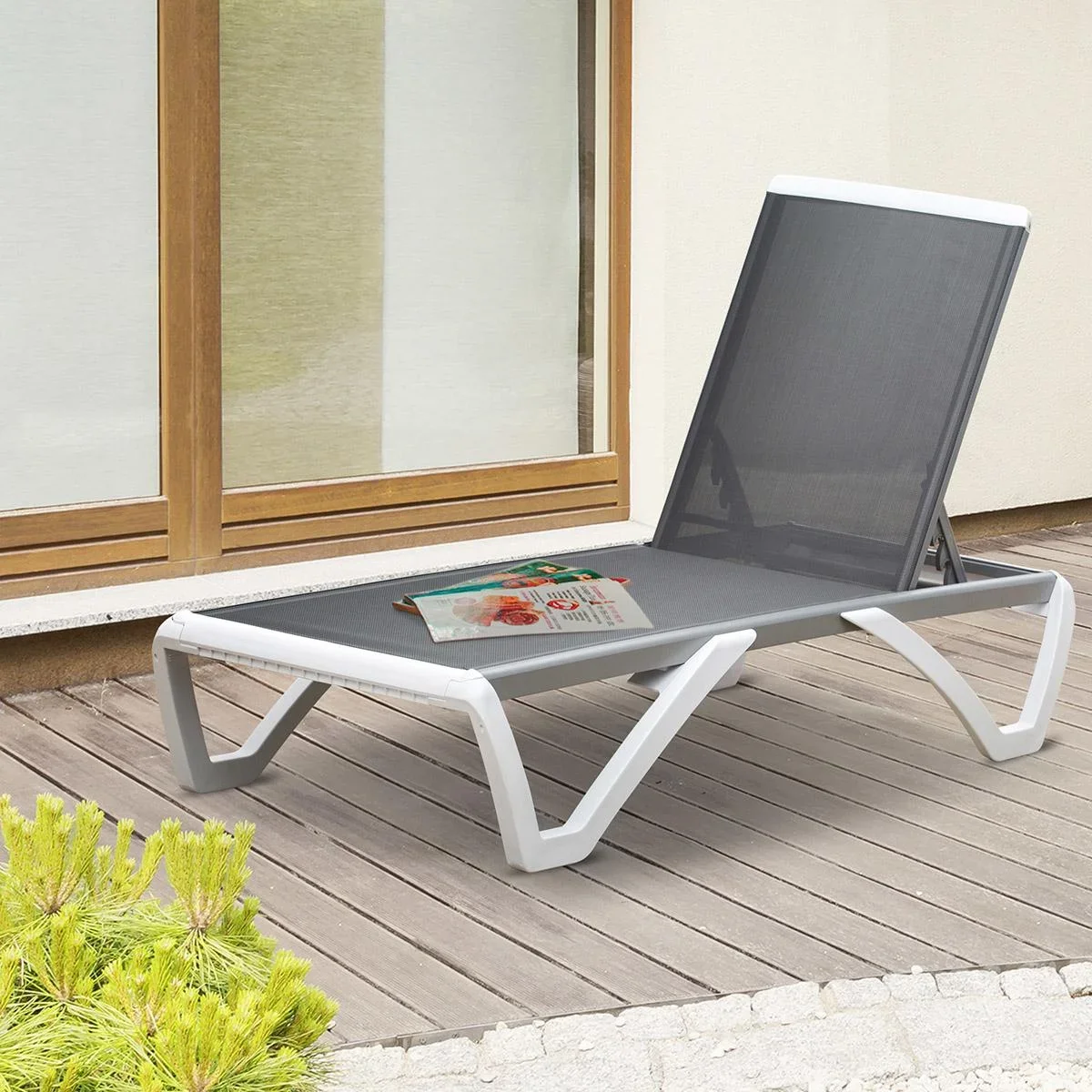 Gartenliege Alu Sonnenliege Stoffliege Relaxliege 5-fach verstellbar ergonomisch Texteline Grau+Weiß 170 x 67,5 x 95 cm - 2