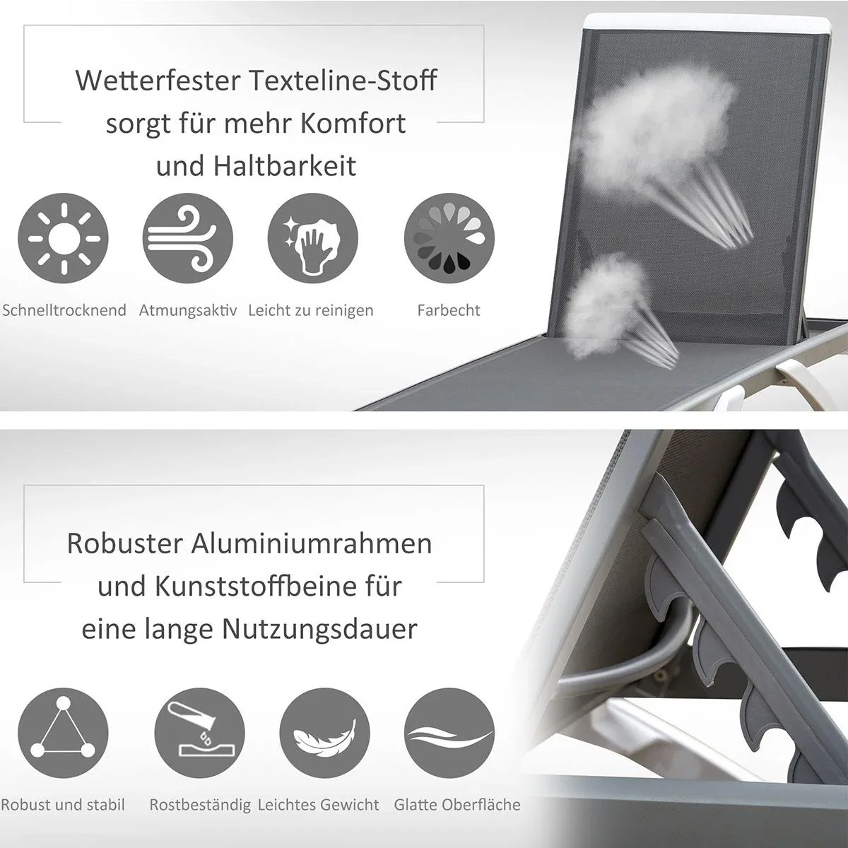 Gartenliege Alu Sonnenliege Stoffliege Relaxliege 5-fach verstellbar ergonomisch Texteline Grau+Weiß 170 x 67,5 x 95 cm - 3