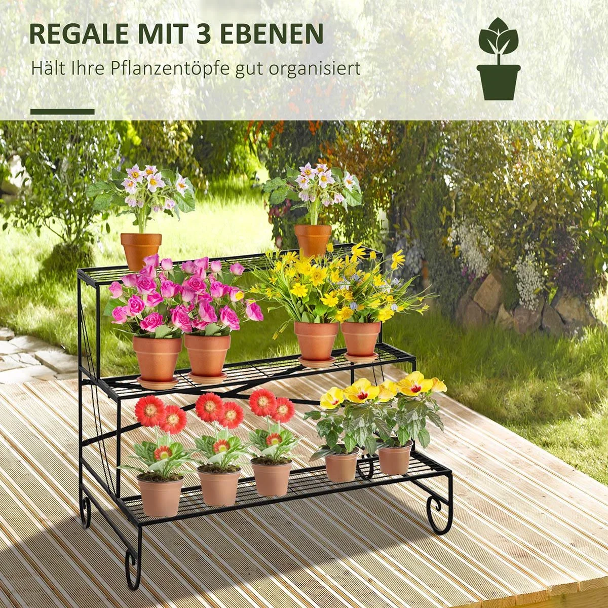 Blumenregal aus Metall 3 Stufen Pflanzenregal für innen und außen Garten Balkon Schwarz 95 x 63 x 72 cm - 0