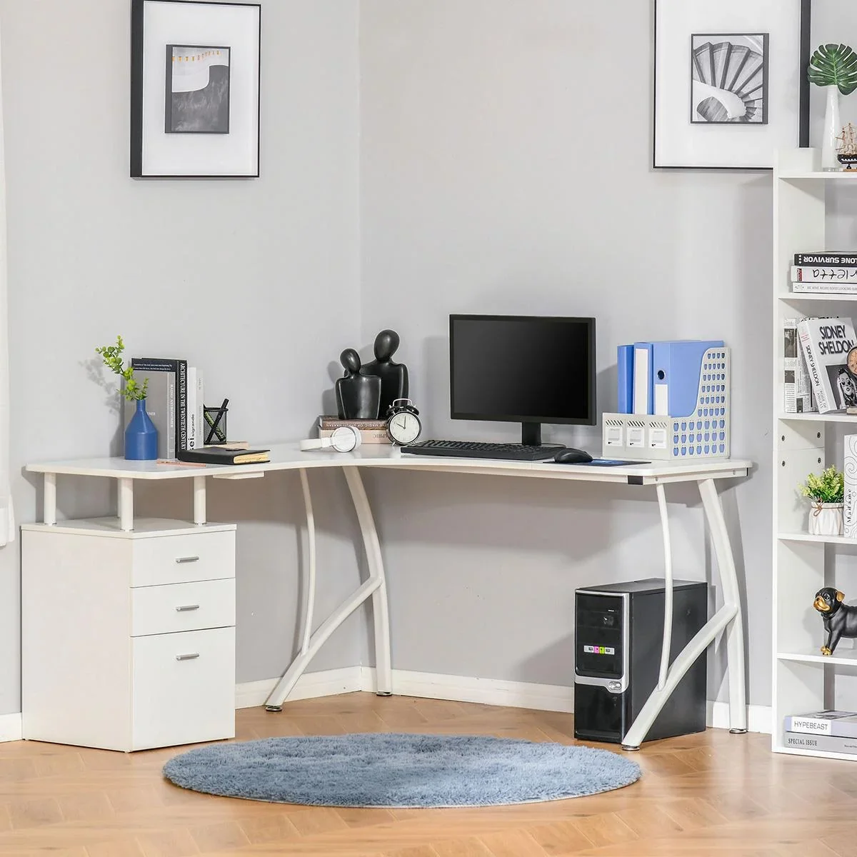 L-förmiger Schreibtisch mit Schubladen aus der Material MDF Metall Home-Office-Ecke Arbeitsplatz Industriestil, Weiß 143 - 1
