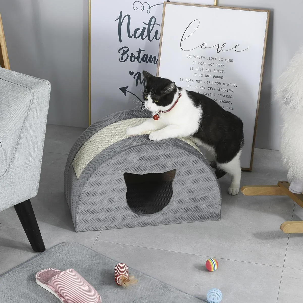Katzenhöhle mit Kraztbrett Katzenbett Kratzhaus Katzenhaus Katzenwohnung Sisal Grau 48,5 x 30 x 30 cm - 2