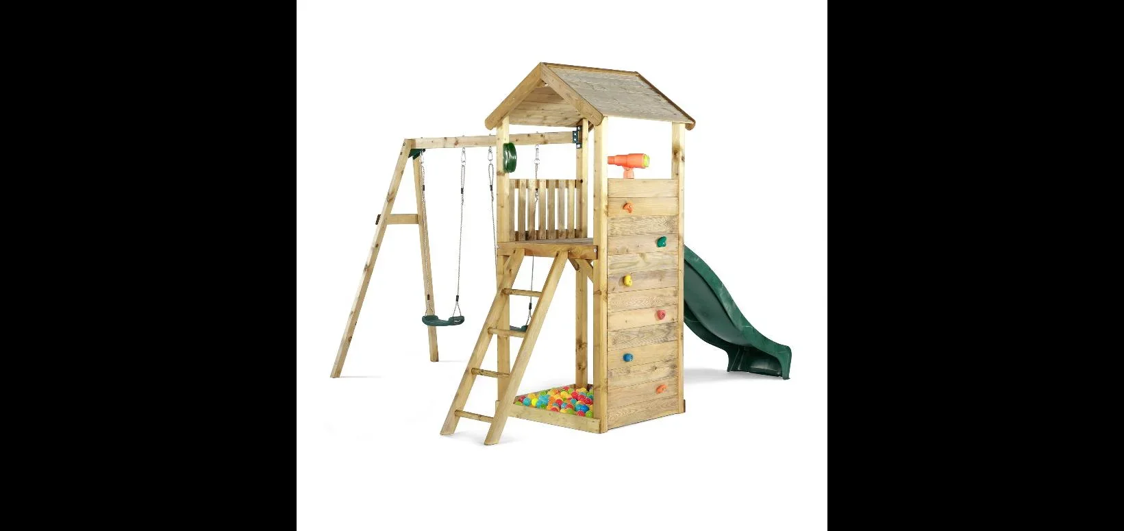 Holz Aussichtsturm mit Doppelschaukel, Outdoor-Spielturm, Kletterwand, Rutsche, Sandkasten, Kreidetafel, natur - 3