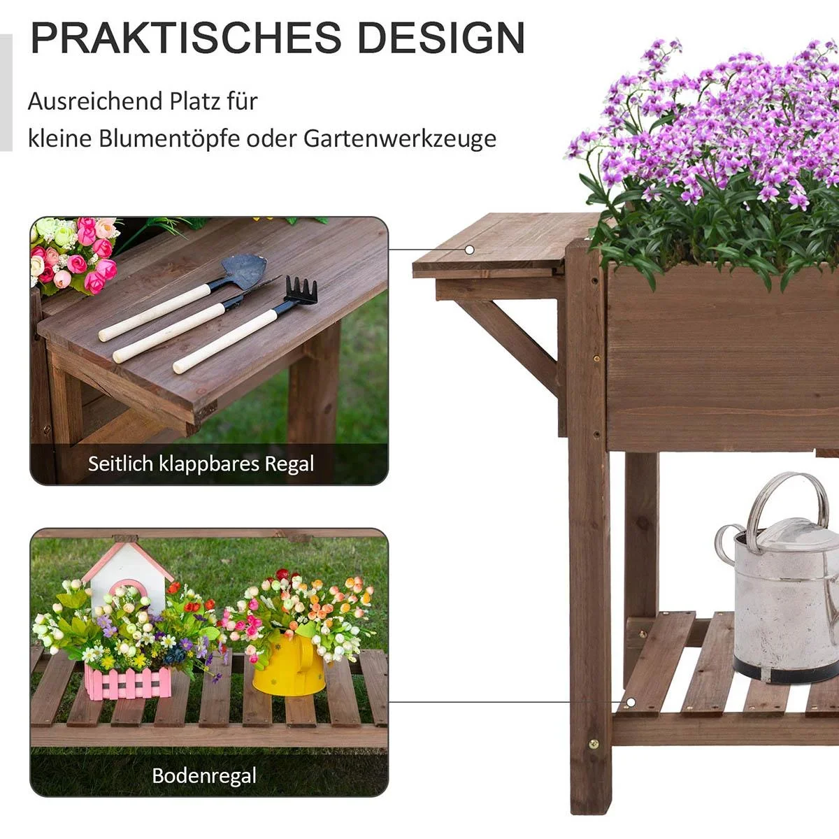 Hochbeet Pflanzkasten mit 8 geteilten Gittern faltbare Ablage Blumenkasten Blumentopf Kräuterbeet Massivholz Braun 123 x - 0