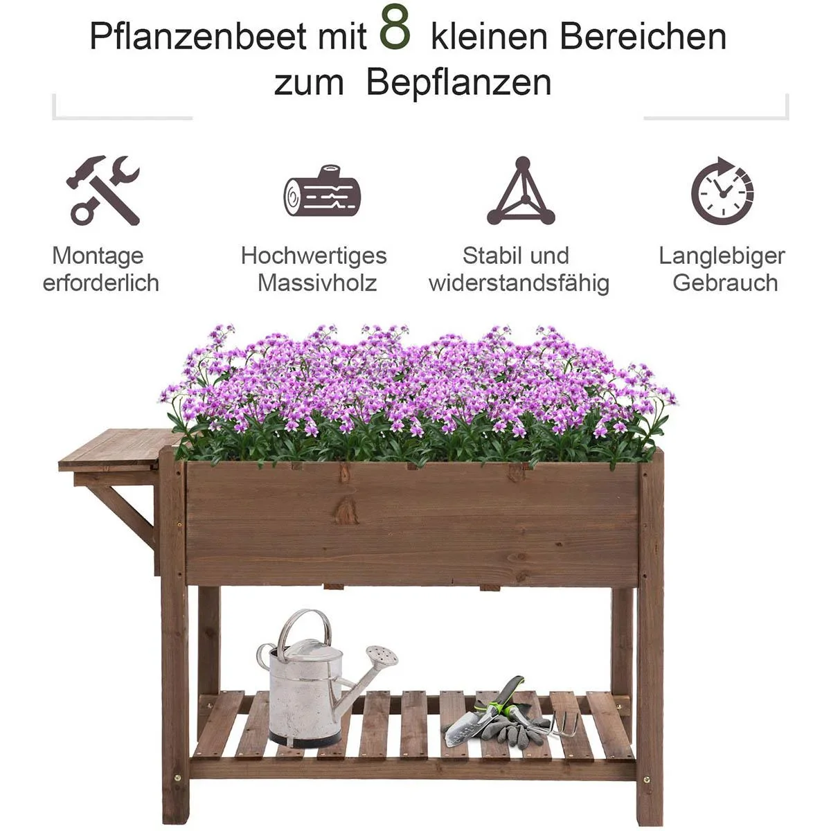 Hochbeet Pflanzkasten mit 8 geteilten Gittern faltbare Ablage Blumenkasten Blumentopf Kräuterbeet Massivholz Braun 123 x - 2