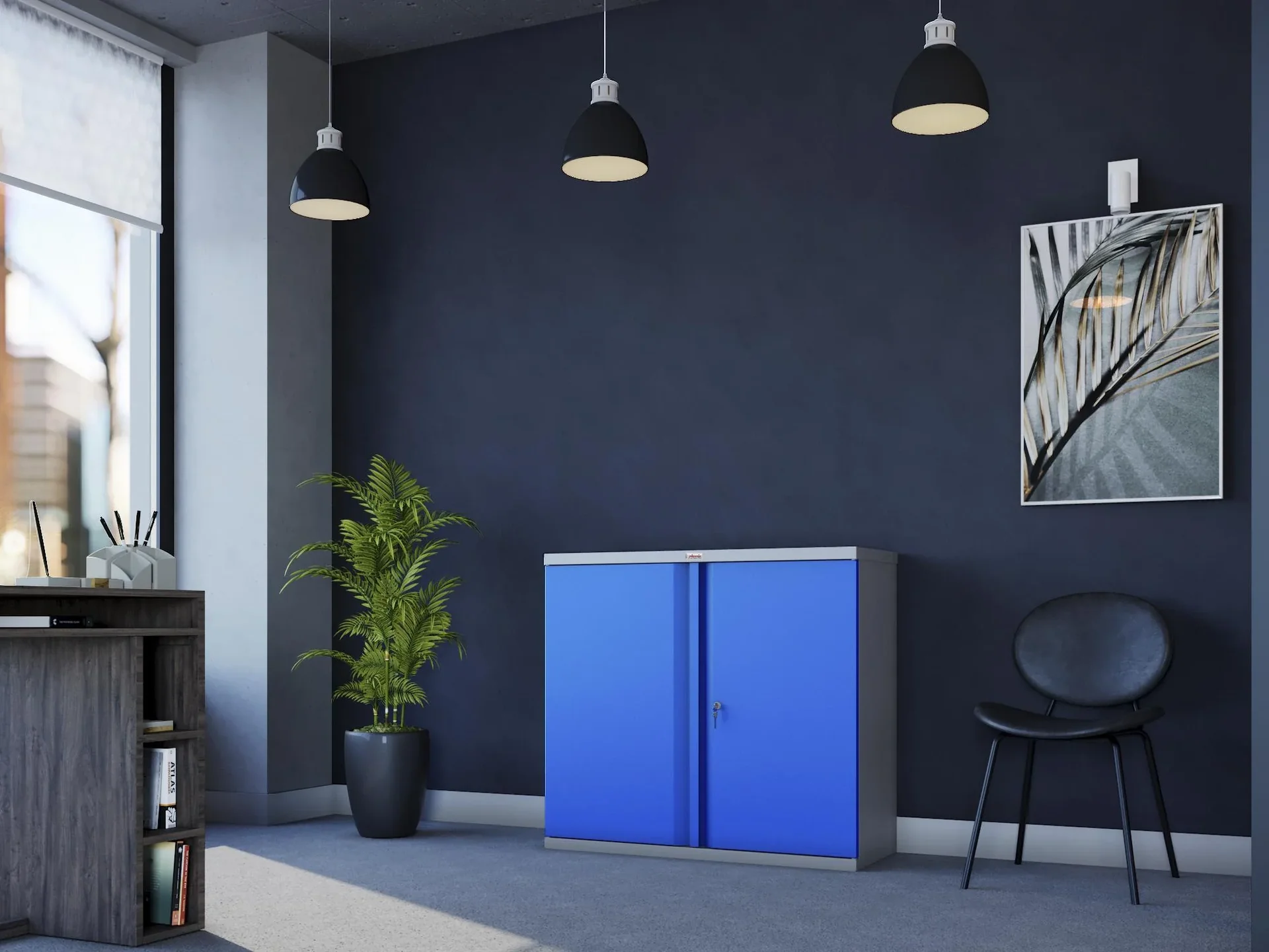 Aufbewahrungsschrank SCL-Serie aus Stahl mit 2 Türen und 1 Regal mit Schlüsselschloss, grau-blau - 0