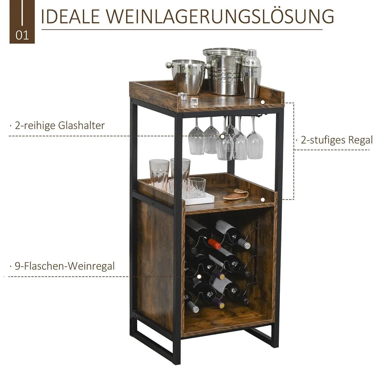 Weinregal 9 Flaschen-Weinschrank Flaschenregal mit 2 offenen Regalen und Glashalter Schwarz+Braun 52 x 40 x 113 cm - 1