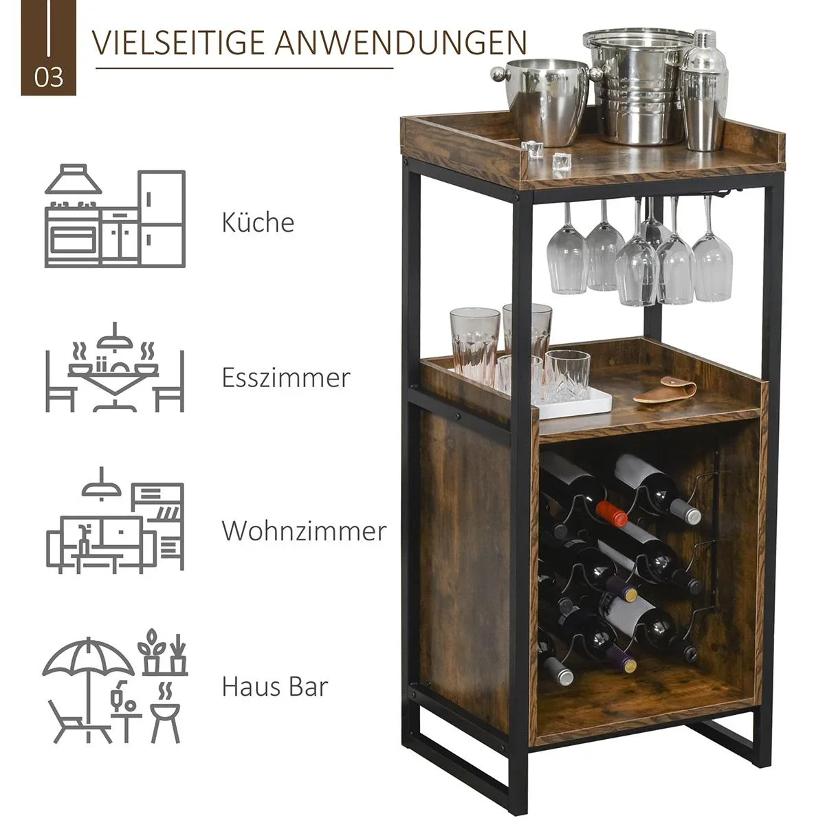 Weinregal 9 Flaschen-Weinschrank Flaschenregal mit 2 offenen Regalen und Glashalter Schwarz+Braun 52 x 40 x 113 cm - 2
