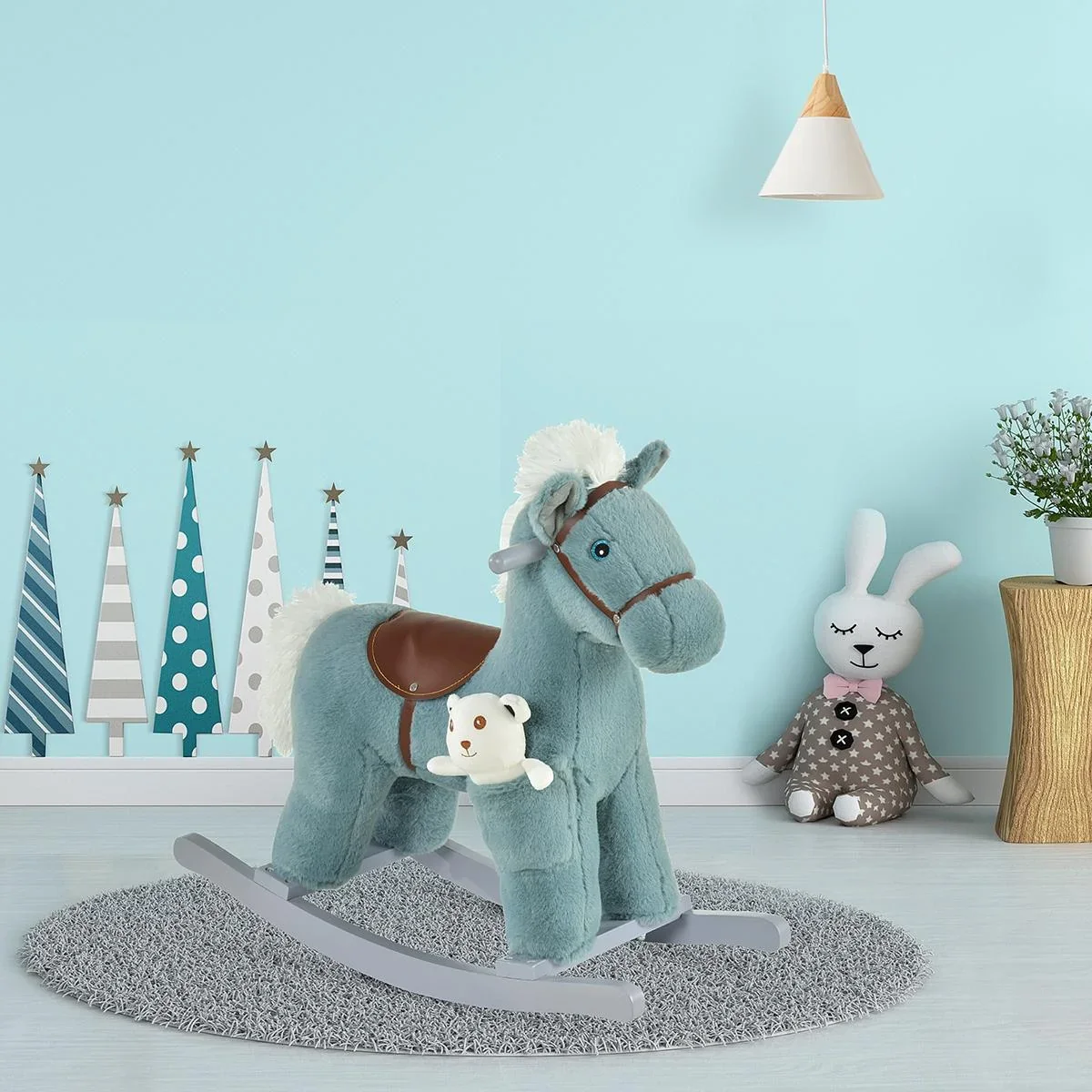 Kinder Schaukelpferd Baby Schaukeltier mit Tiergeräusche Spielzeug Haltegriffe für 18-36 Monate Plüsch Blau 65 x 26 x 55 - 0