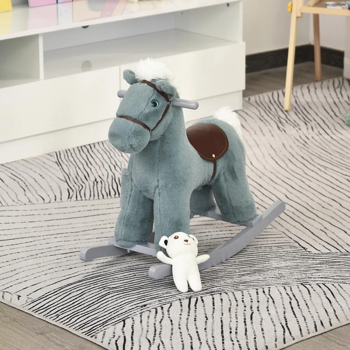 Kinder Schaukelpferd Baby Schaukeltier mit Tiergeräusche Spielzeug Haltegriffe für 18-36 Monate Plüsch Blau 65 x 26 x 55 - 1
