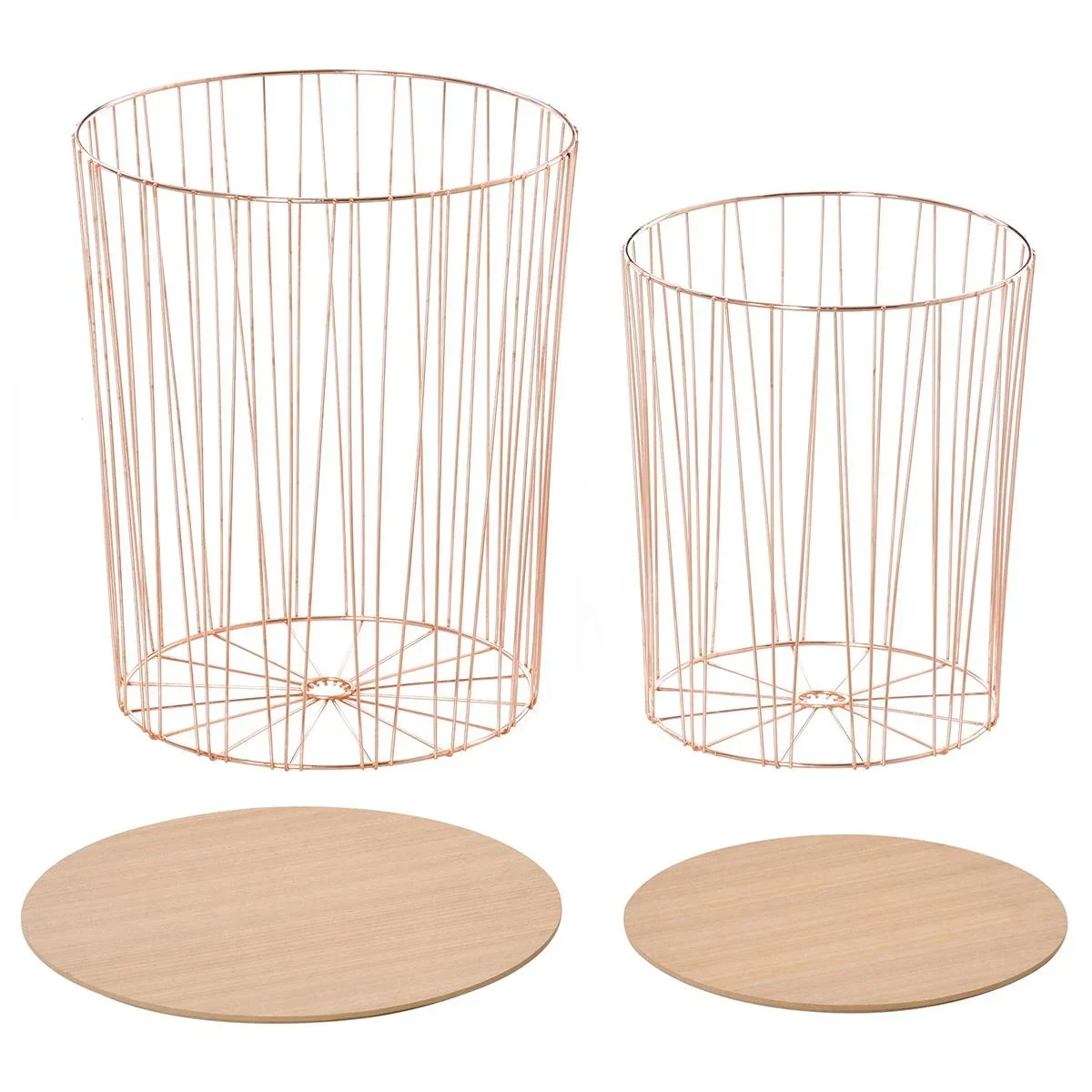 Beistelltisch mit Stauraum 2er Set Metall Korb mit Holzdeckel Nachttisch Natur+Rosa Gold Ø40,7 x 49,5 cm Ø33,8 x 40,8 c - 1