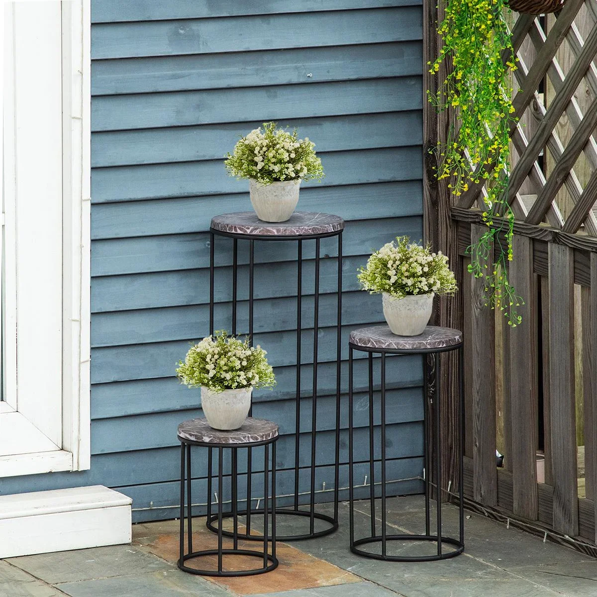 Blumenständer 3er Set aus Metall in Marmoroptik Stapelbar Pflanzenhocker für Blumentopf Schwarz+Grau - 2