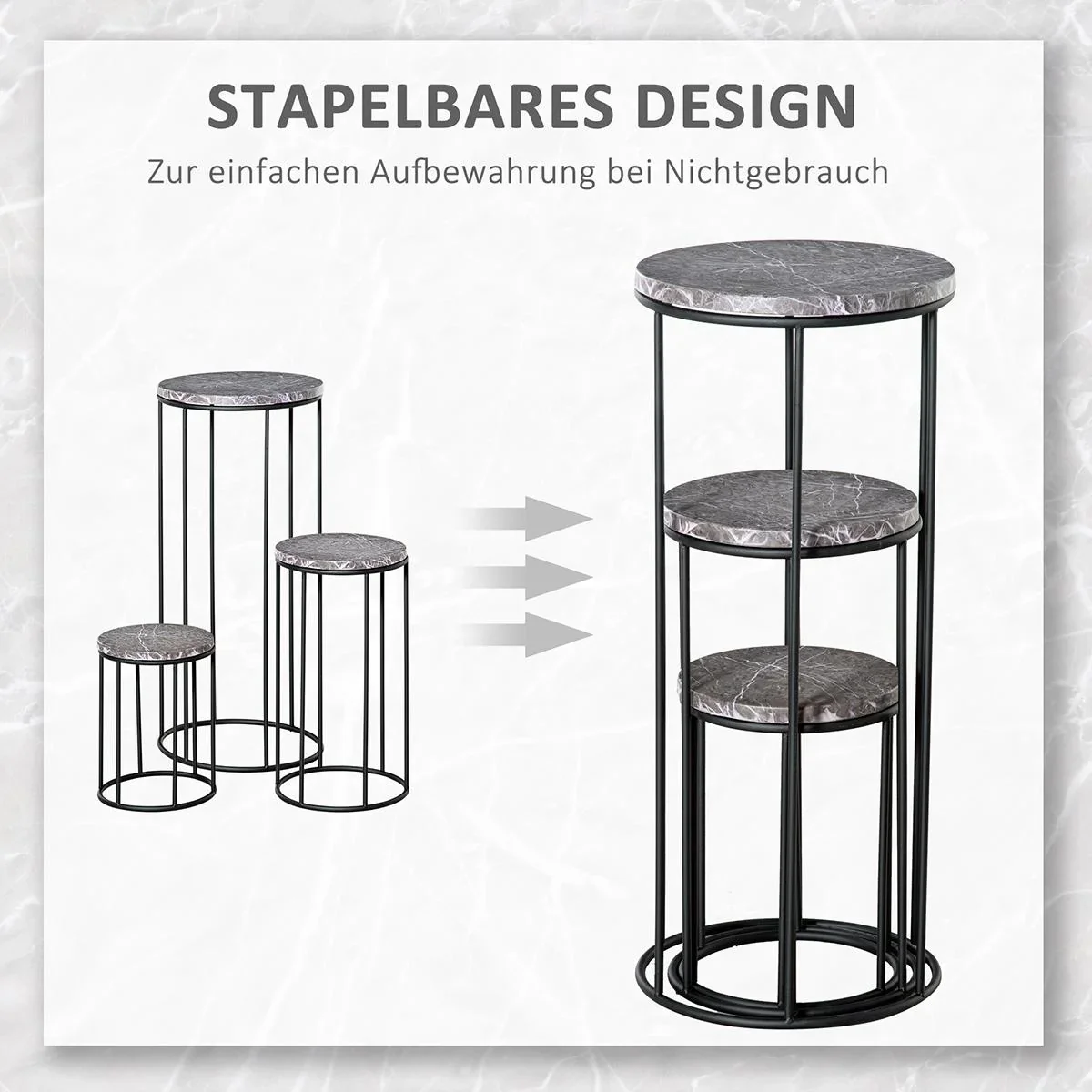 Blumenständer 3er Set aus Metall in Marmoroptik Stapelbar Pflanzenhocker für Blumentopf Schwarz+Grau - 3