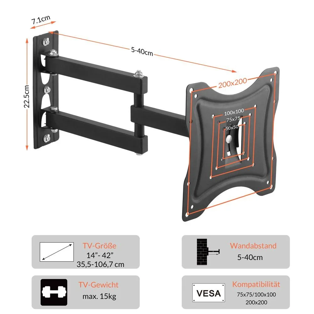 TV-Wandhalterung bis zu 42 Zoll - VESA 200x200 - 8