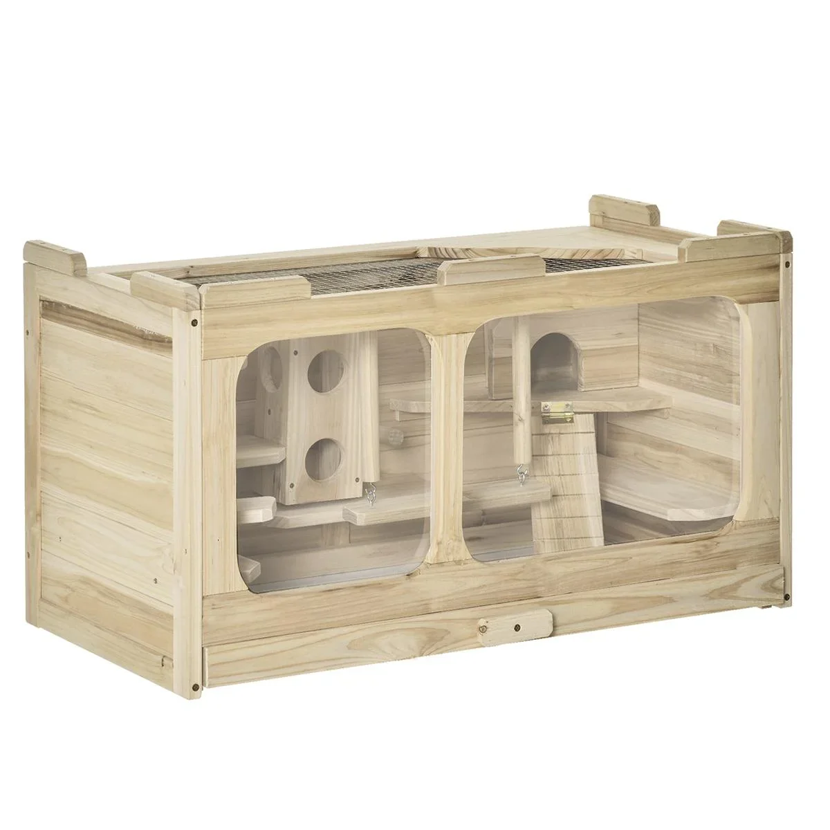 Hamsterkäfig Holz Nagerkäfig Mäusekäfig mit Rampe Schaukel Nagervilla Oben aufklappbar Massivholz PS Natur 78 x 40 x 44 - 0