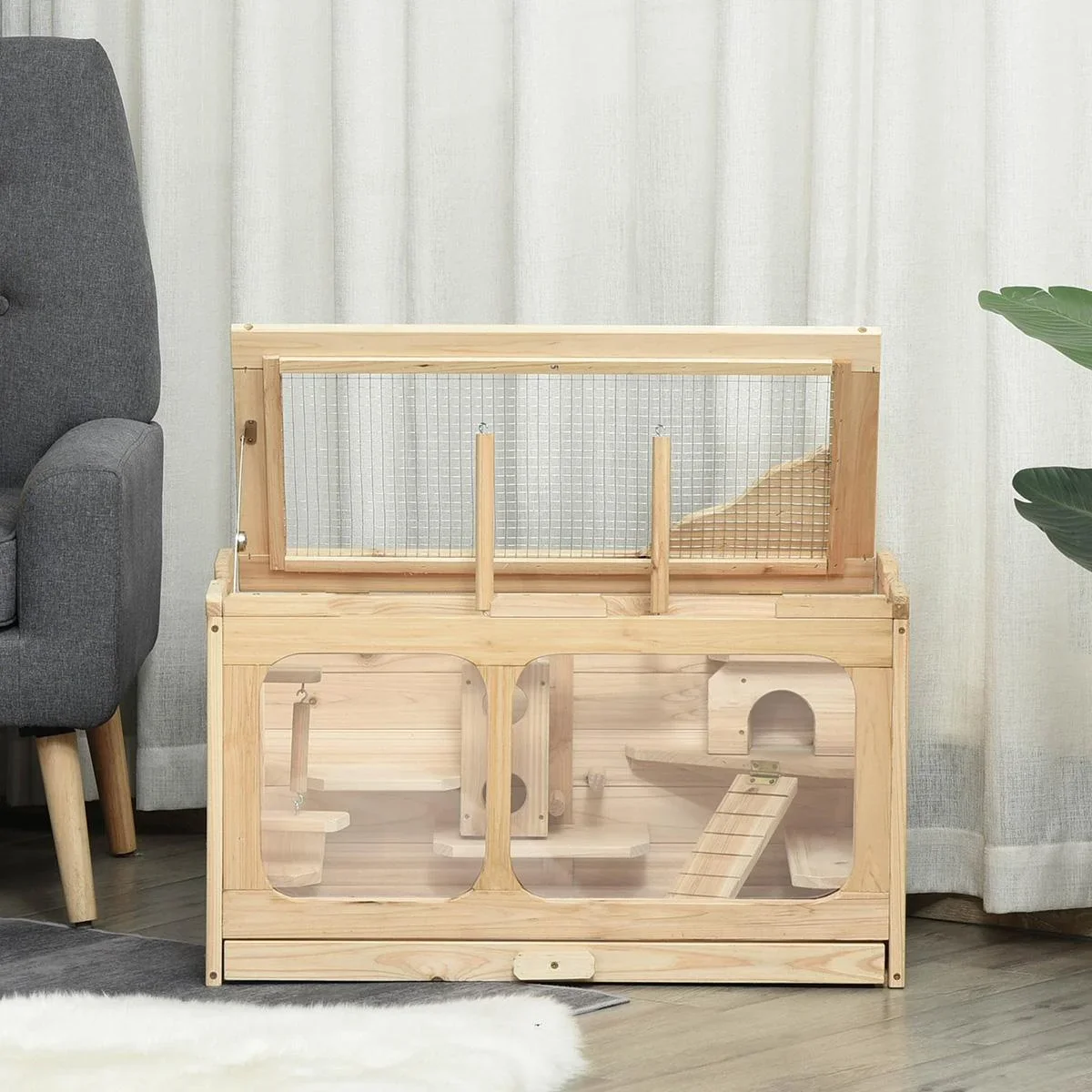 Hamsterkäfig Holz Nagerkäfig Mäusekäfig mit Rampe Schaukel Nagervilla Oben aufklappbar Massivholz PS Natur 78 x 40 x 44 - 1