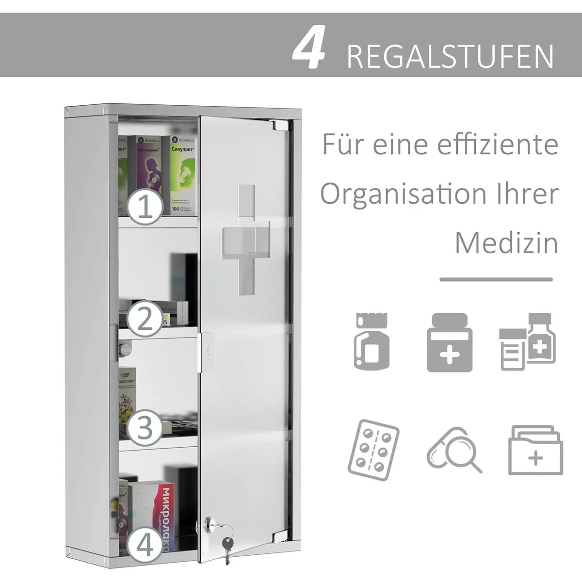 Medizinschrank mit 4 Fachböden silber - 2