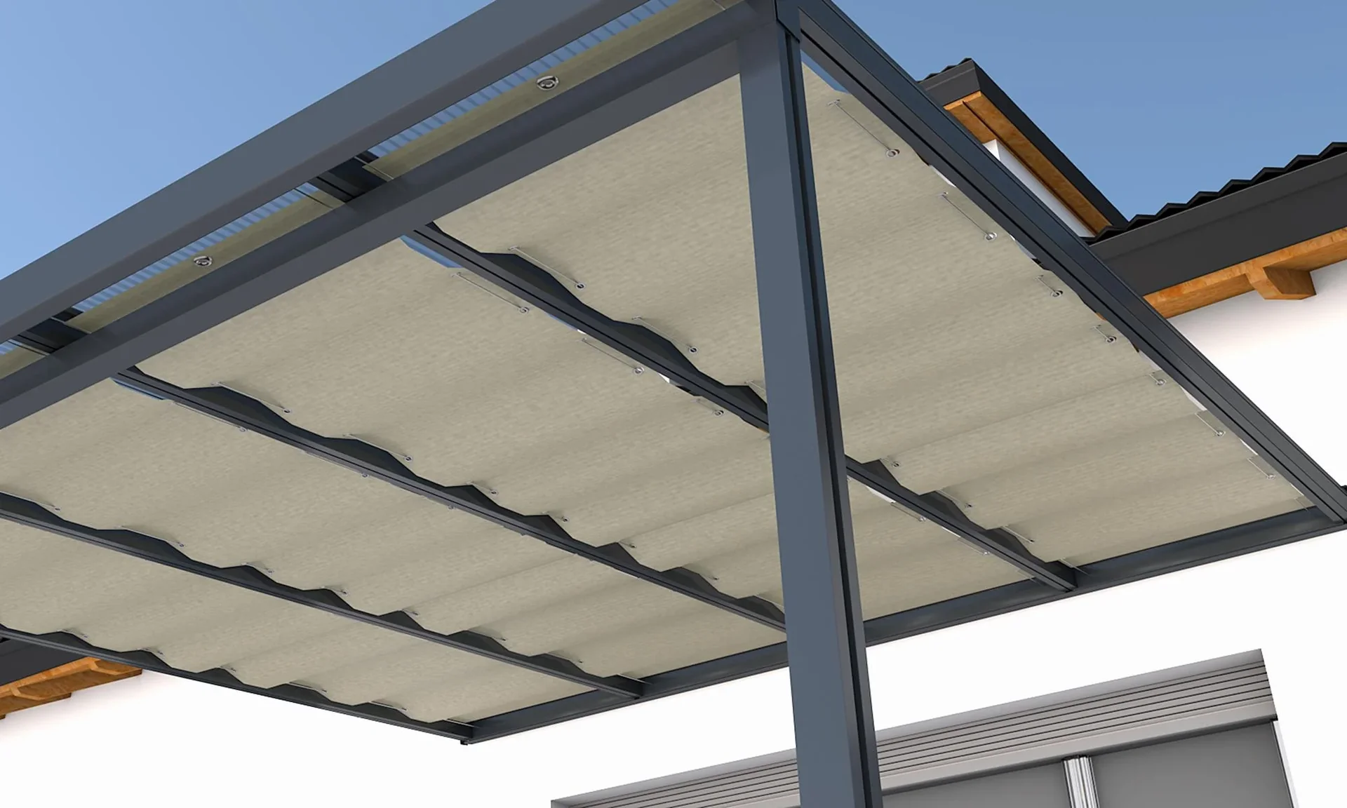 Beschattung mit Seilführung, 945 x 4900 mm - Stoff Sandstone, beige, passend für Dachtiefe 5 m - 0