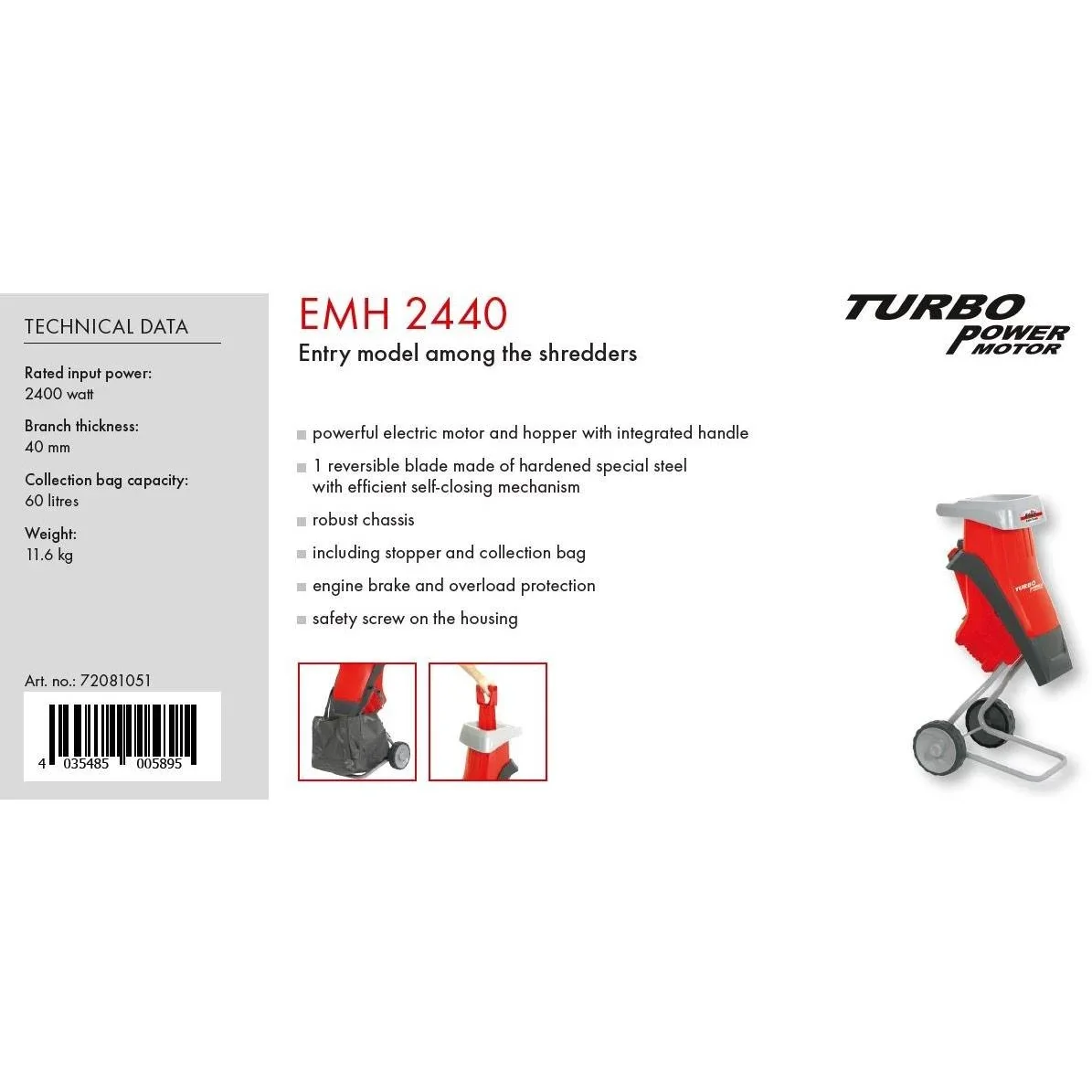 Elektro-Häcksler - 2400W - 4 cm Schnittbreite - 60L - 0