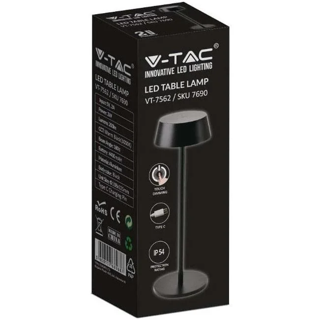 VT-7562 Tischleuchte - 3000K - Dimmbar über Touch - Wiederaufladbar - Schwarz - 6