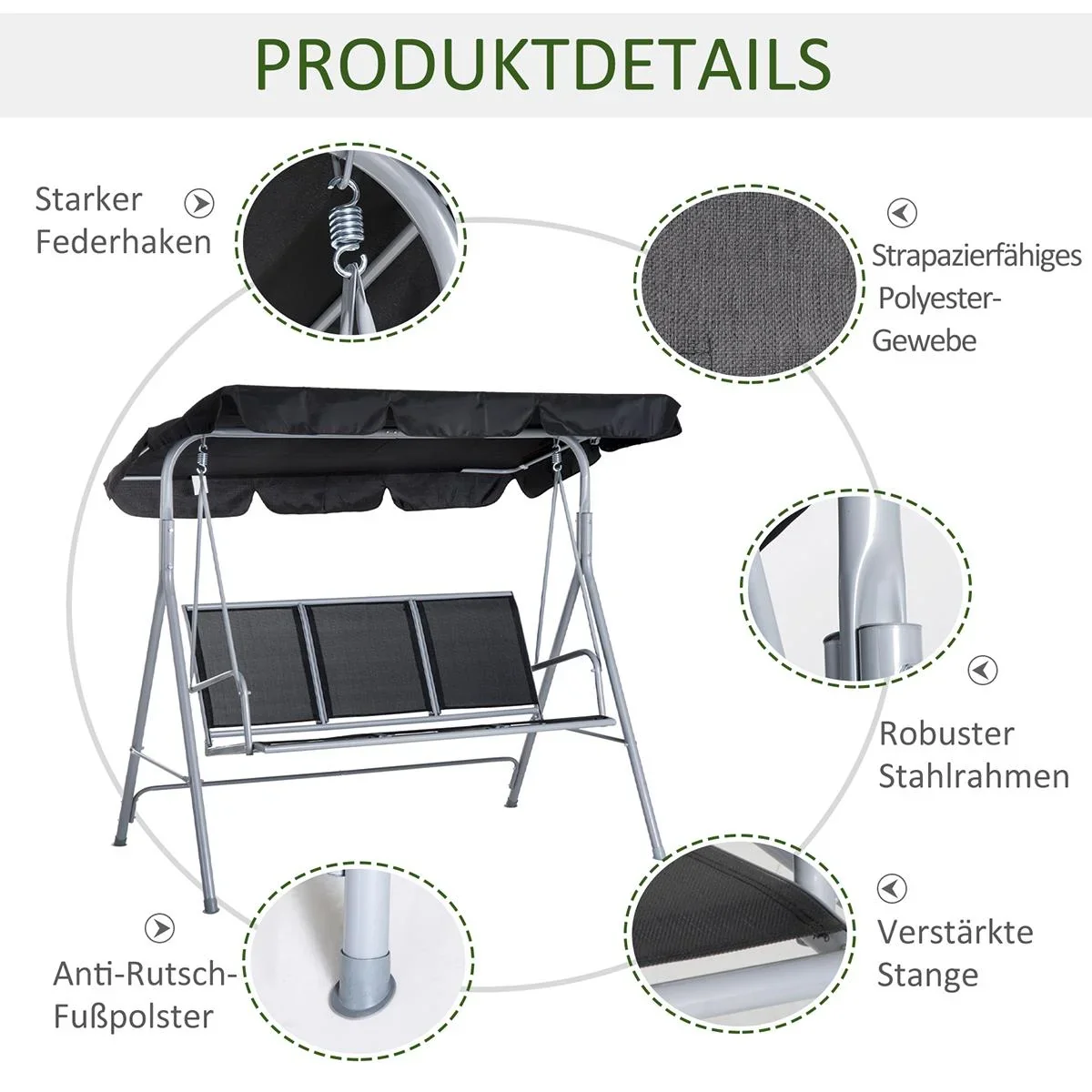 Hollywoodschaukel 3-Sitzer Gartenschaukel Schaukelbank mit Dach Metall Schwarz+Silber 171 x 108 x 154 cm - 1