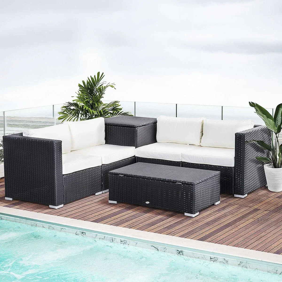 6-teiliges Polyrattan-Gartenmöbelset mit Kissen, Lounge-Tisch mit Ablage, Stahl, luxuriöses Schwarz und Creme - 1