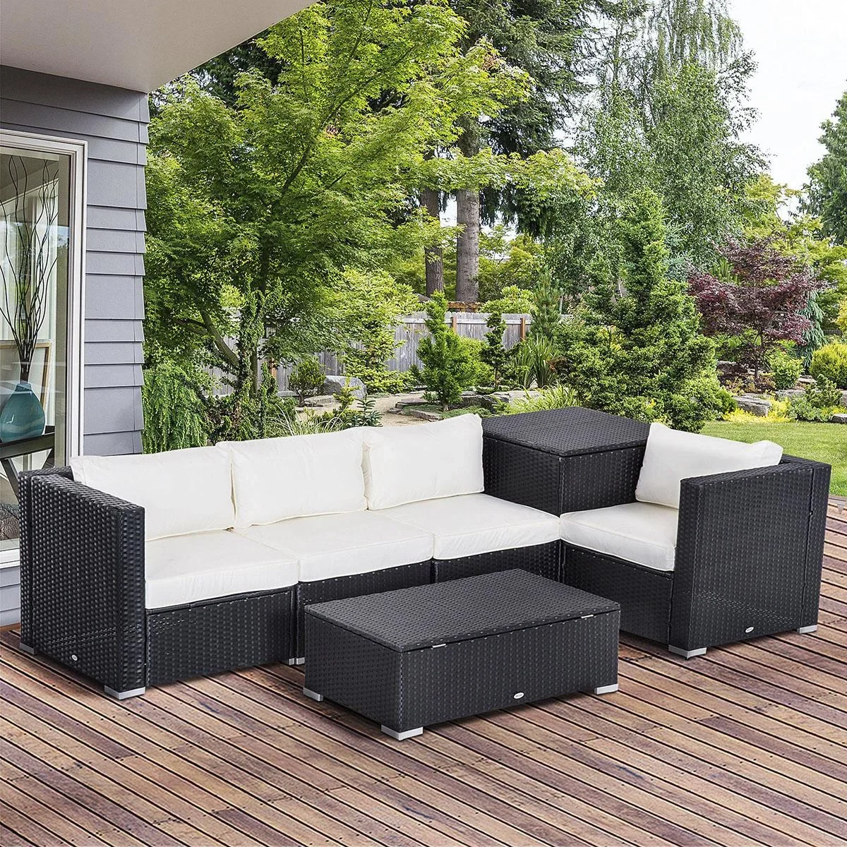 6-teiliges Polyrattan-Gartenmöbelset mit Kissen, Lounge-Tisch mit Ablage, Stahl, luxuriöses Schwarz und Creme - 2
