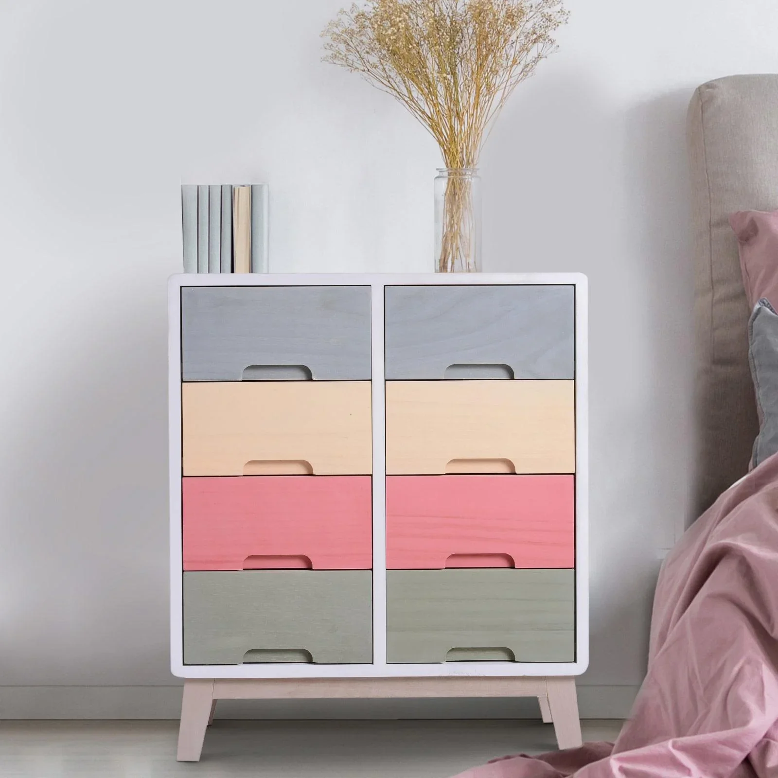 Nachttisch Nachtkommode Flurkommode mit 8 Schubladen Paulownienholz bunt 55 x 30 x 65,5 cm - 0