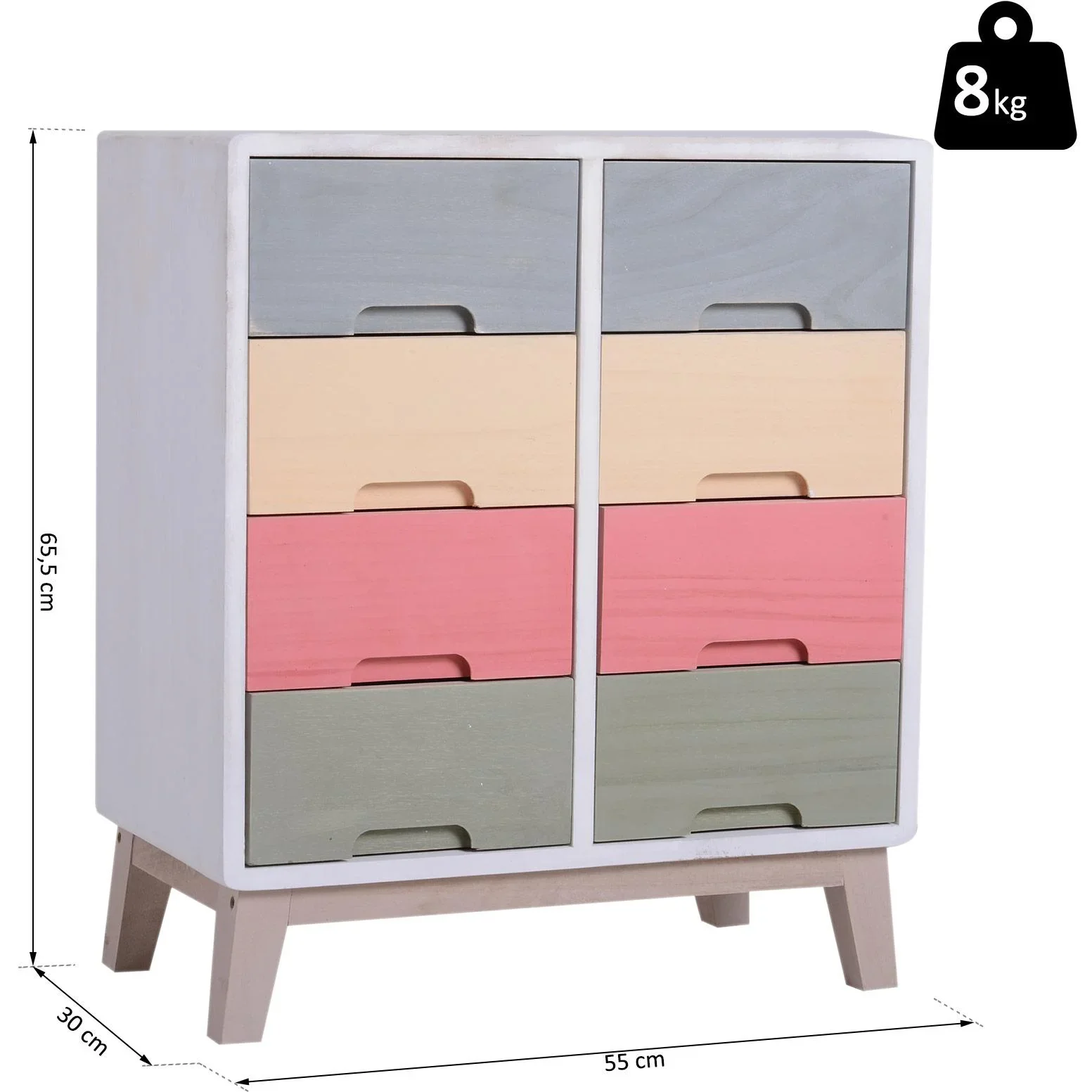 Nachttisch Nachtkommode Flurkommode mit 8 Schubladen Paulownienholz bunt 55 x 30 x 65,5 cm - 8