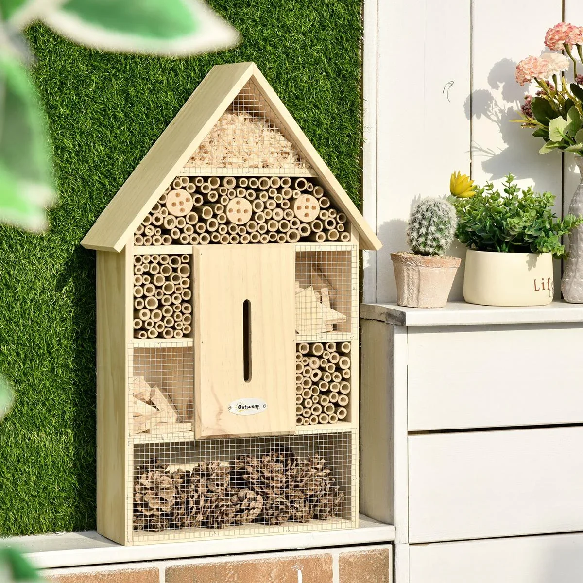 Insektenhotel Insektenhaus mit 5 Etagen Metallgitter Bienenhotel aus natürlichen Materialien für Käfer Bienen Wespen und - 0