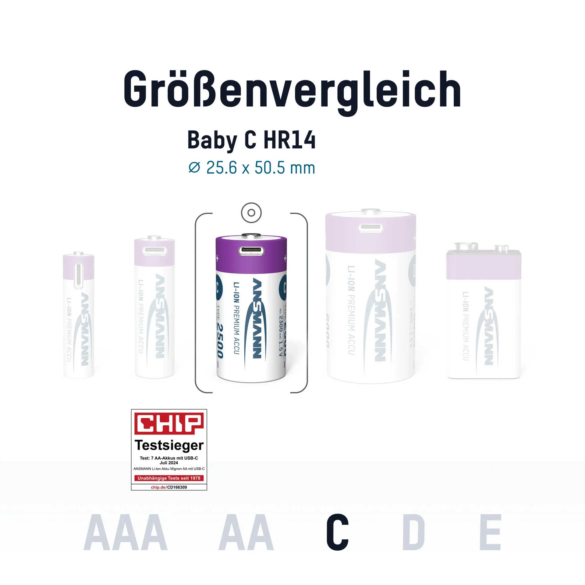 Lithium Ionen Baby (C) Akkus USB-C - 2 Stück, Sicherheitsabschaltung - 6