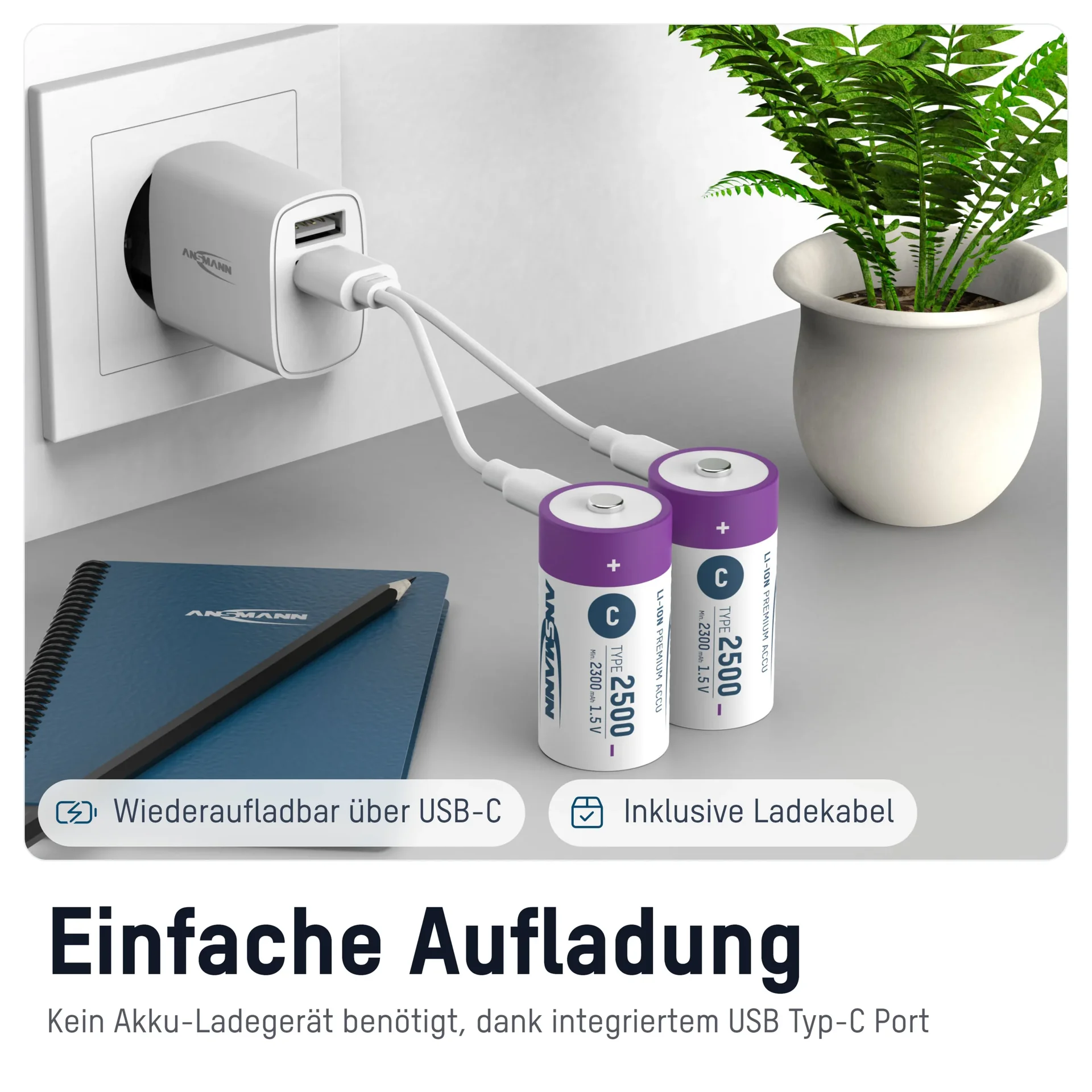 Lithium Ionen Baby (C) Akkus USB-C - 2 Stück, Sicherheitsabschaltung - 8