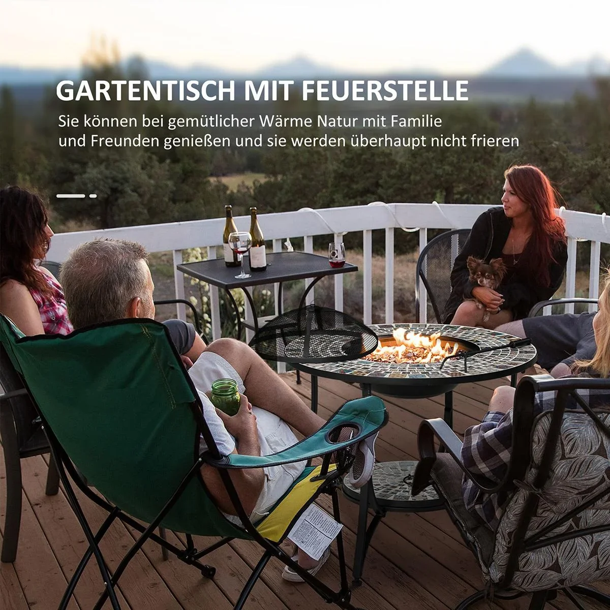 Feuertisch Gartentisch mit Feuerschale Feuerstelle mit Funkenschutz & Grillrost Feuerkorb Outdoor für Heizung BBQ Garten - 1
