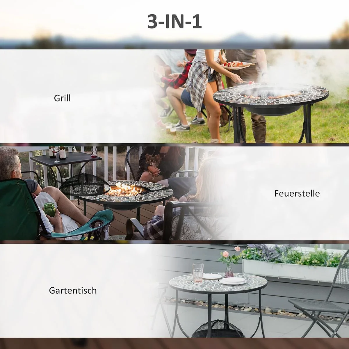 Feuertisch Gartentisch mit Feuerschale Feuerstelle mit Funkenschutz & Grillrost Feuerkorb Outdoor für Heizung BBQ Garten - 2