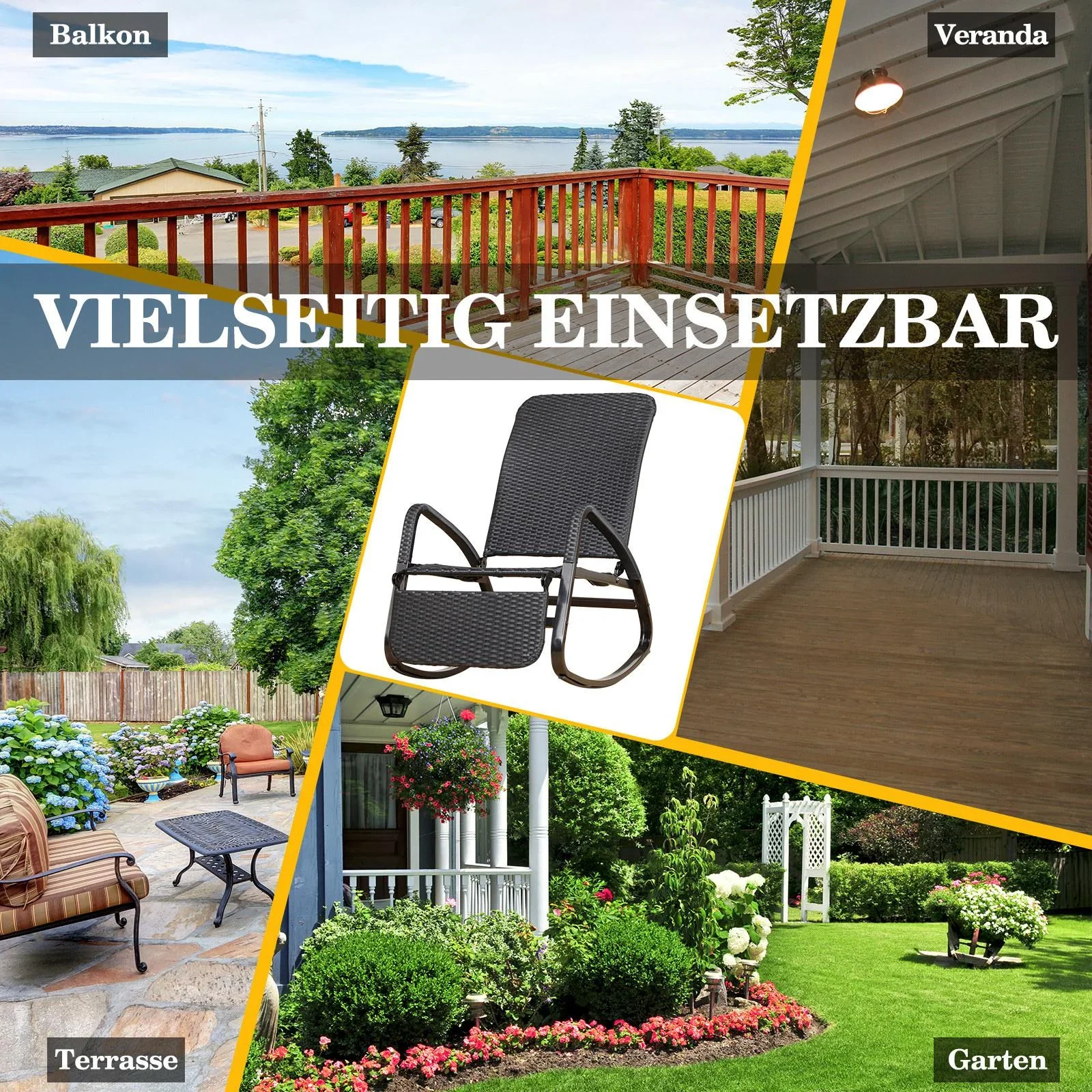 Schaukelstuhl mit Fußstütze 3-fach Rückenlehne PE Rattan Schwarz - 0