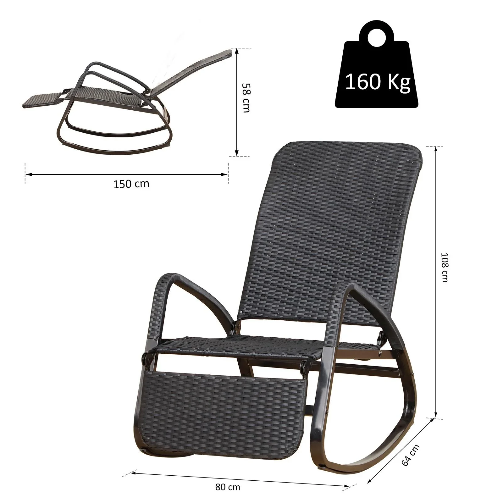Schaukelstuhl mit Fußstütze 3-fach Rückenlehne PE Rattan Schwarz - 1