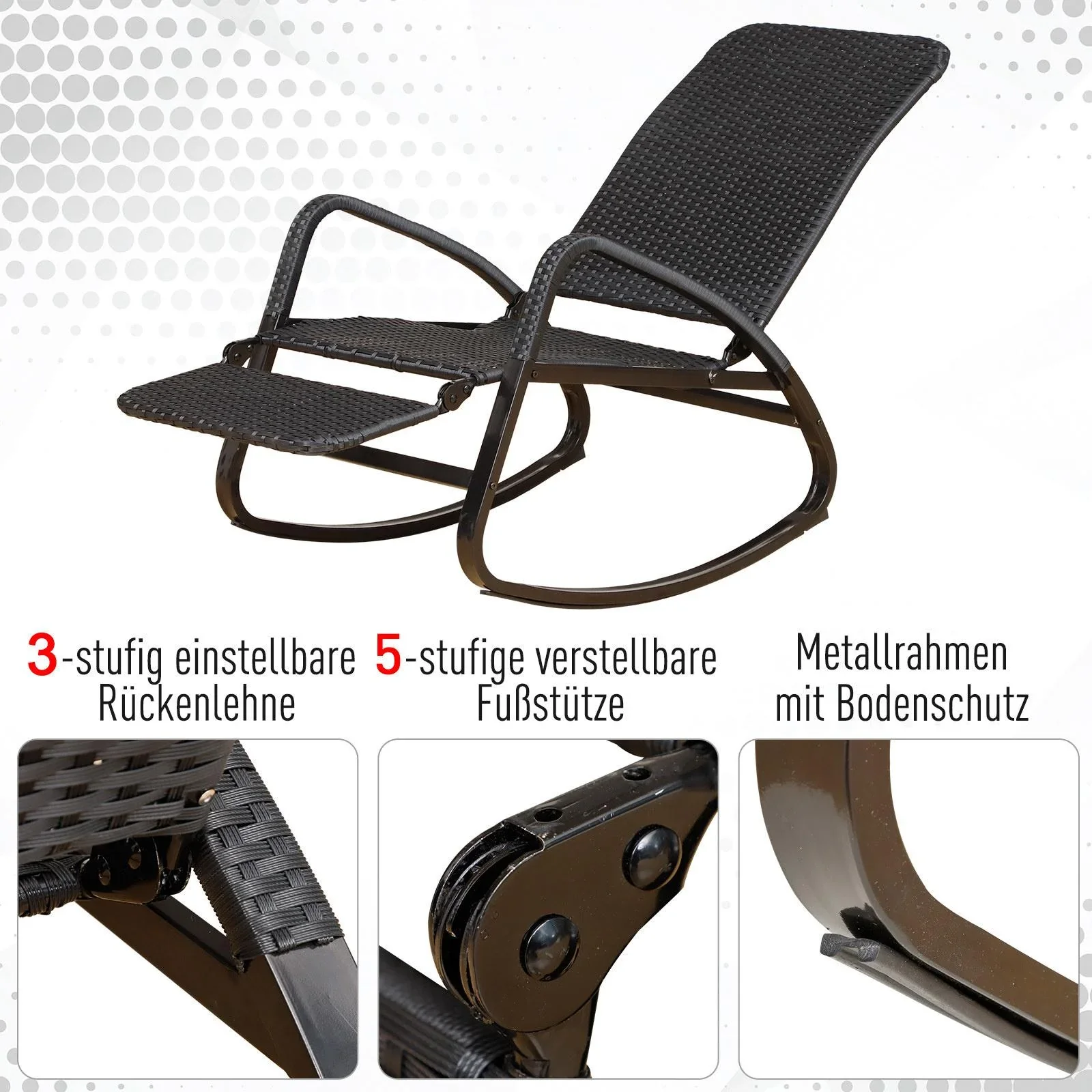 Schaukelstuhl mit Fußstütze 3-fach Rückenlehne PE Rattan Schwarz - 3