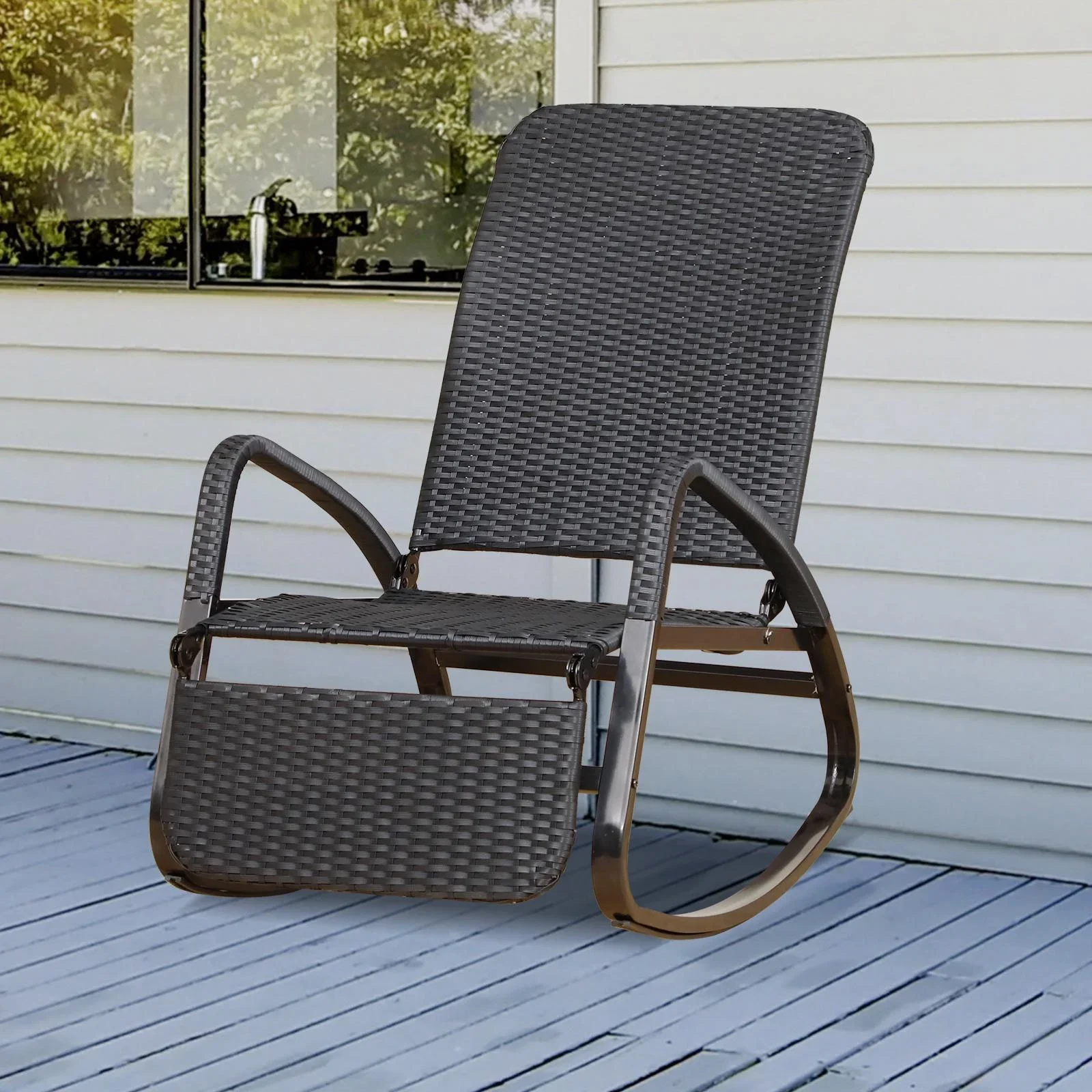 Schaukelstuhl mit Fußstütze 3-fach Rückenlehne PE Rattan Schwarz - 4