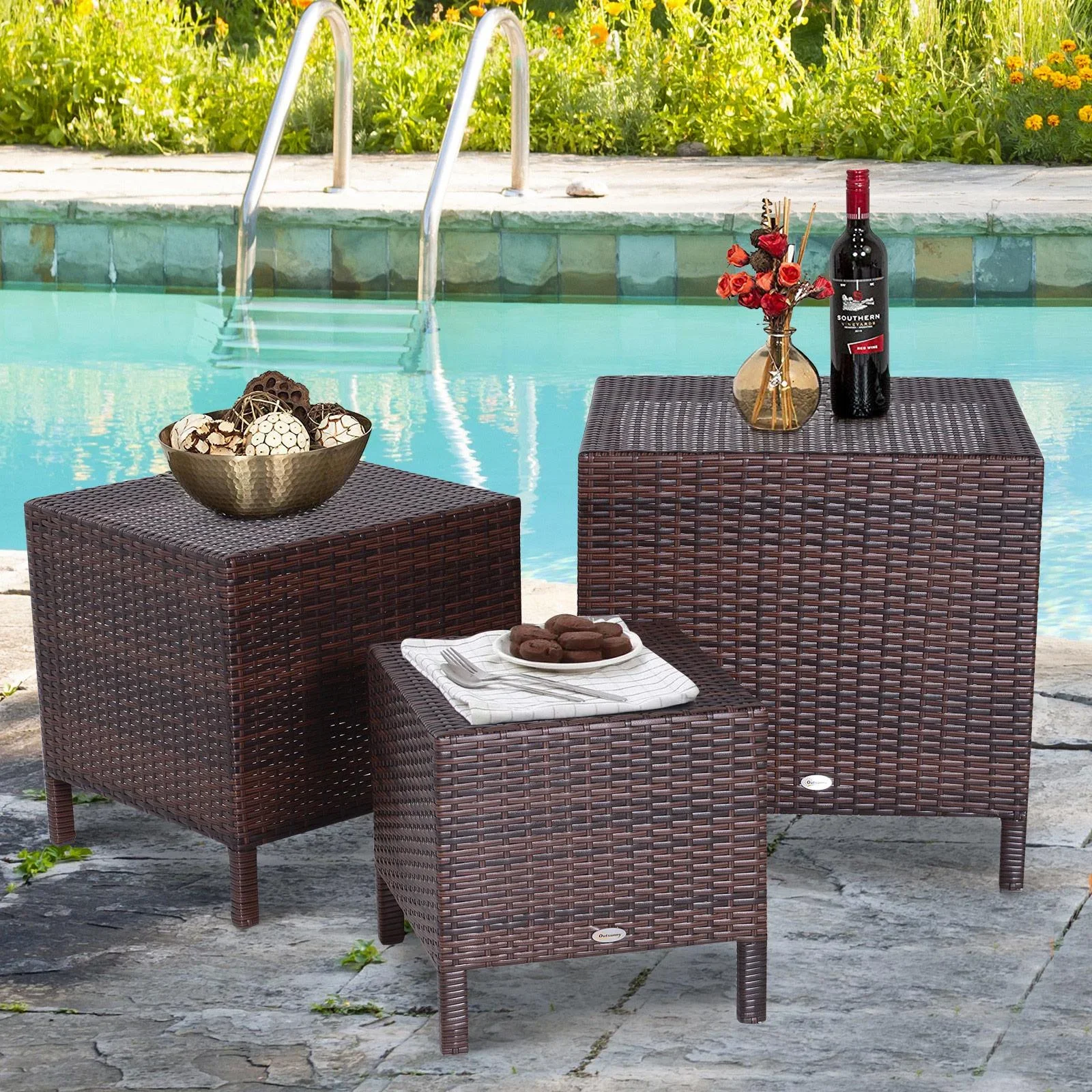 Beistelltisch 3er Set Couchtisch Gartentisch Satztisch Balkontisch Polyrattan Braun - 6