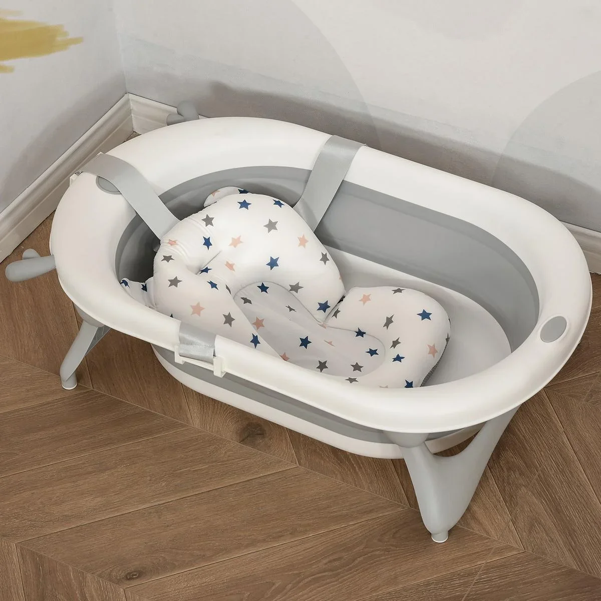 Babybadewanne faltbare Babywanne zusammenklappbar mit Badematte geeignetes Alter: 0-3 Jahre PP-Kunststoff TPE Grün+Weiß - 1