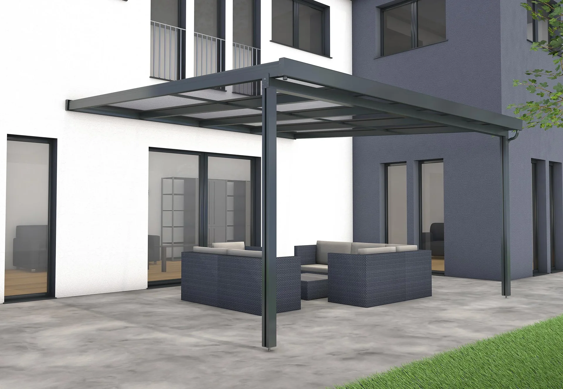 Terrassendach Premium, anthrazit, 4102 x 4060 mm - Polycarbonat Stegplatten 16 mm, weiß gestreift - 1