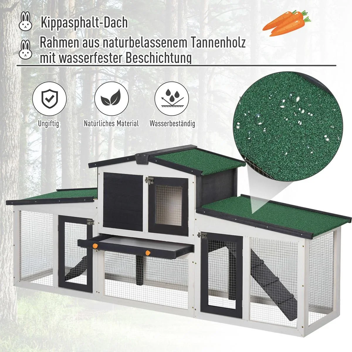 Kaninchenstall, Doppelstöckiger Kaninchenstall, Hasenkäfig mit Asphaltdach und Freigehege, Massivholz, Dunkelgrau+Weiß, - 1